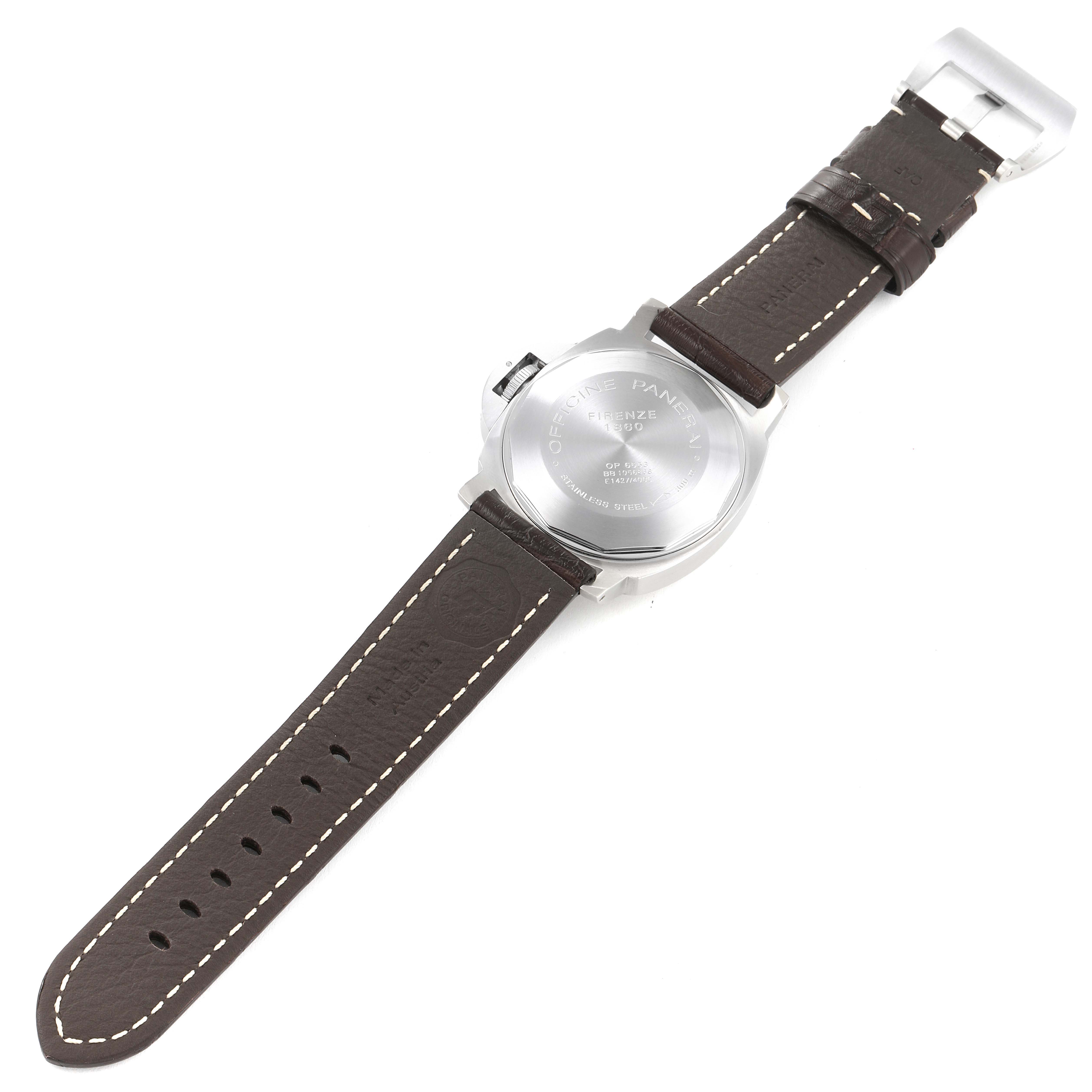 This image shows the back case and brown leather strap of the Panerai Luminor PAM00086 Men
s Stainless Steel Black Dial PAM00086 Men
s Stainless Steel Black Dial watch.