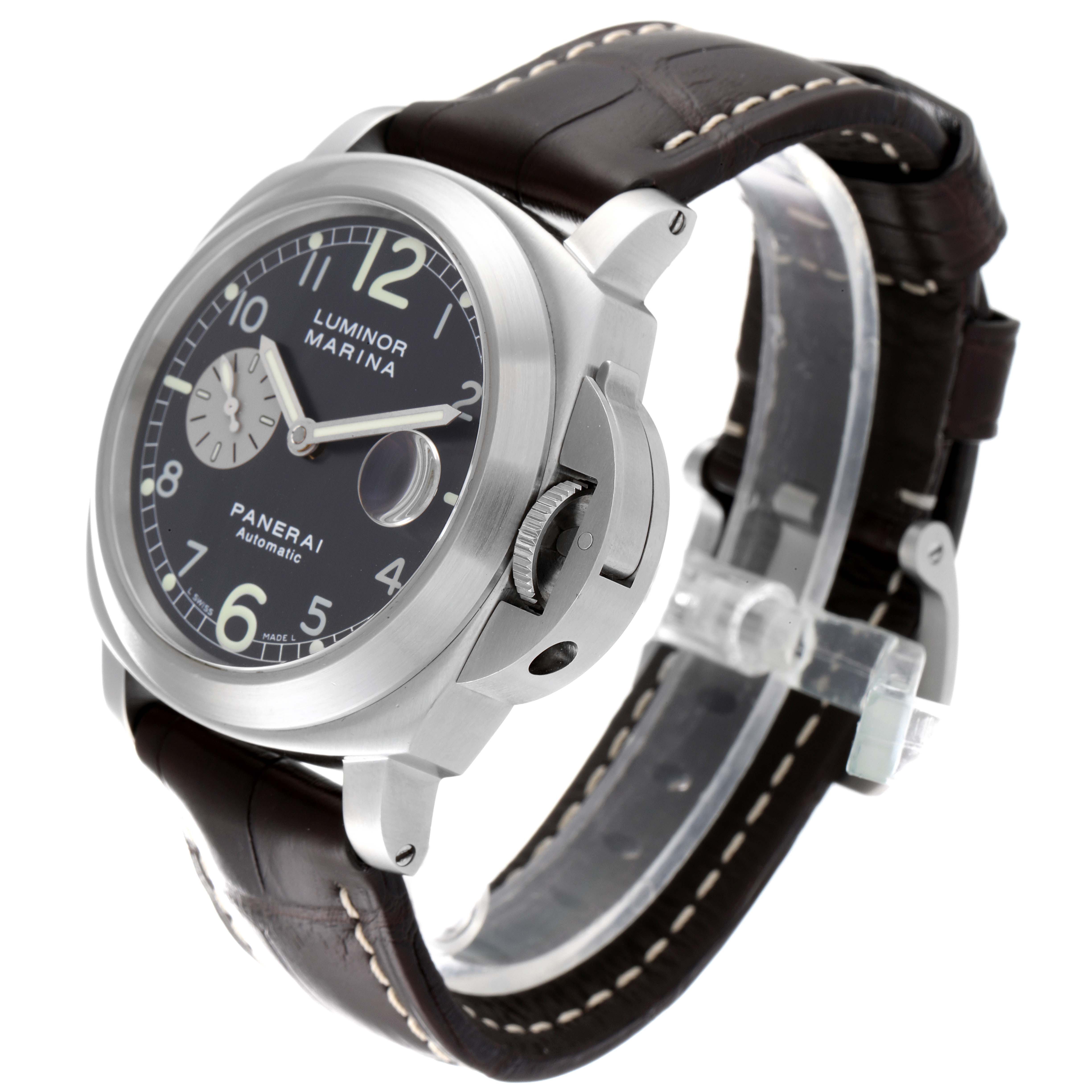 The image shows a side angle of the Panerai Luminor PAM00086 Men
s Stainless Steel Black Dial PAM00086 Men
s Stainless Steel Black Dial watch, highlighting the crown guard, dial, and leather strap.