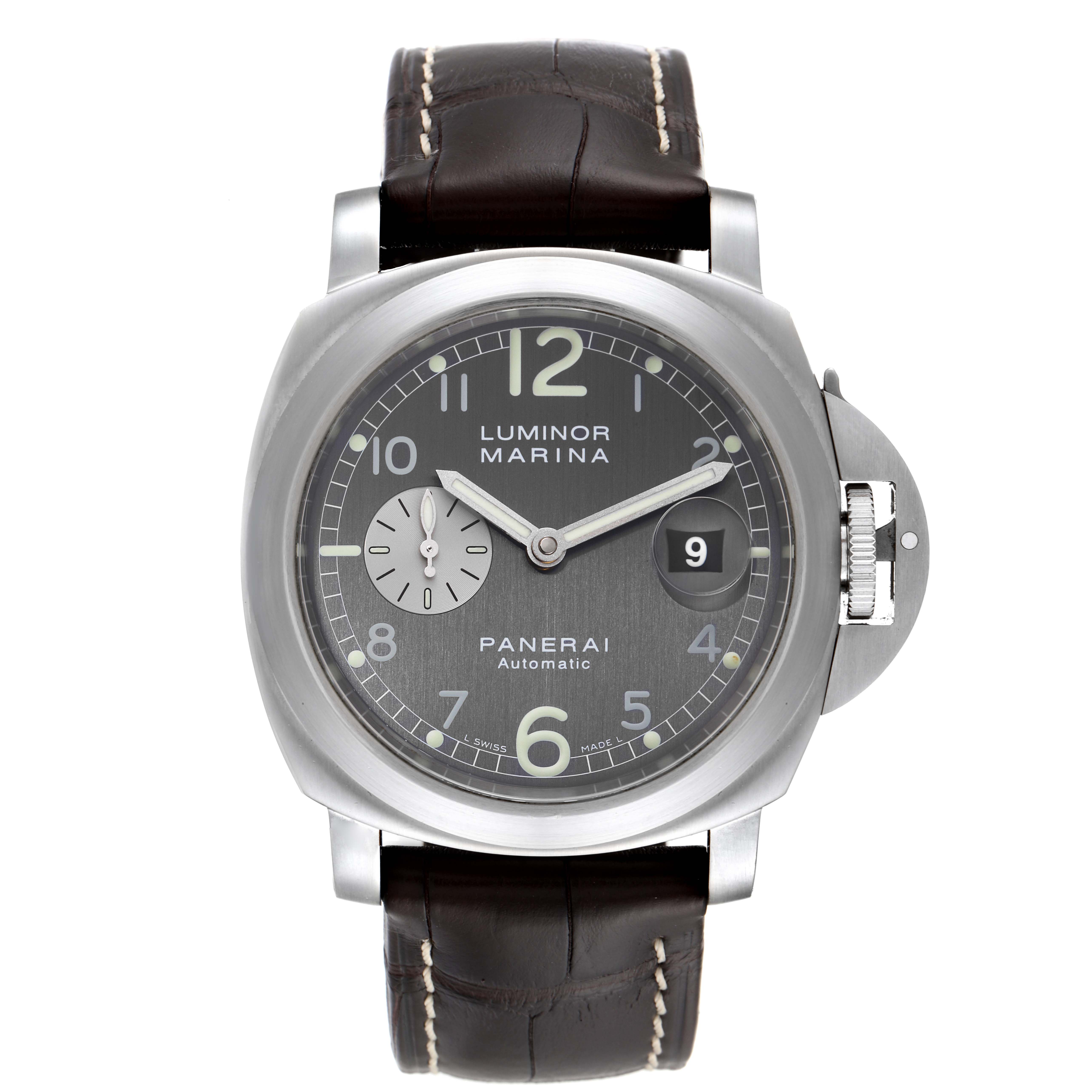 The image shows a front view of a Panerai Luminor PAM00086 Men
s Stainless Steel Black Dial PAM00086 Men
s Stainless Steel Black Dial Marina watch featuring a leather strap, date window, and sub-dial.