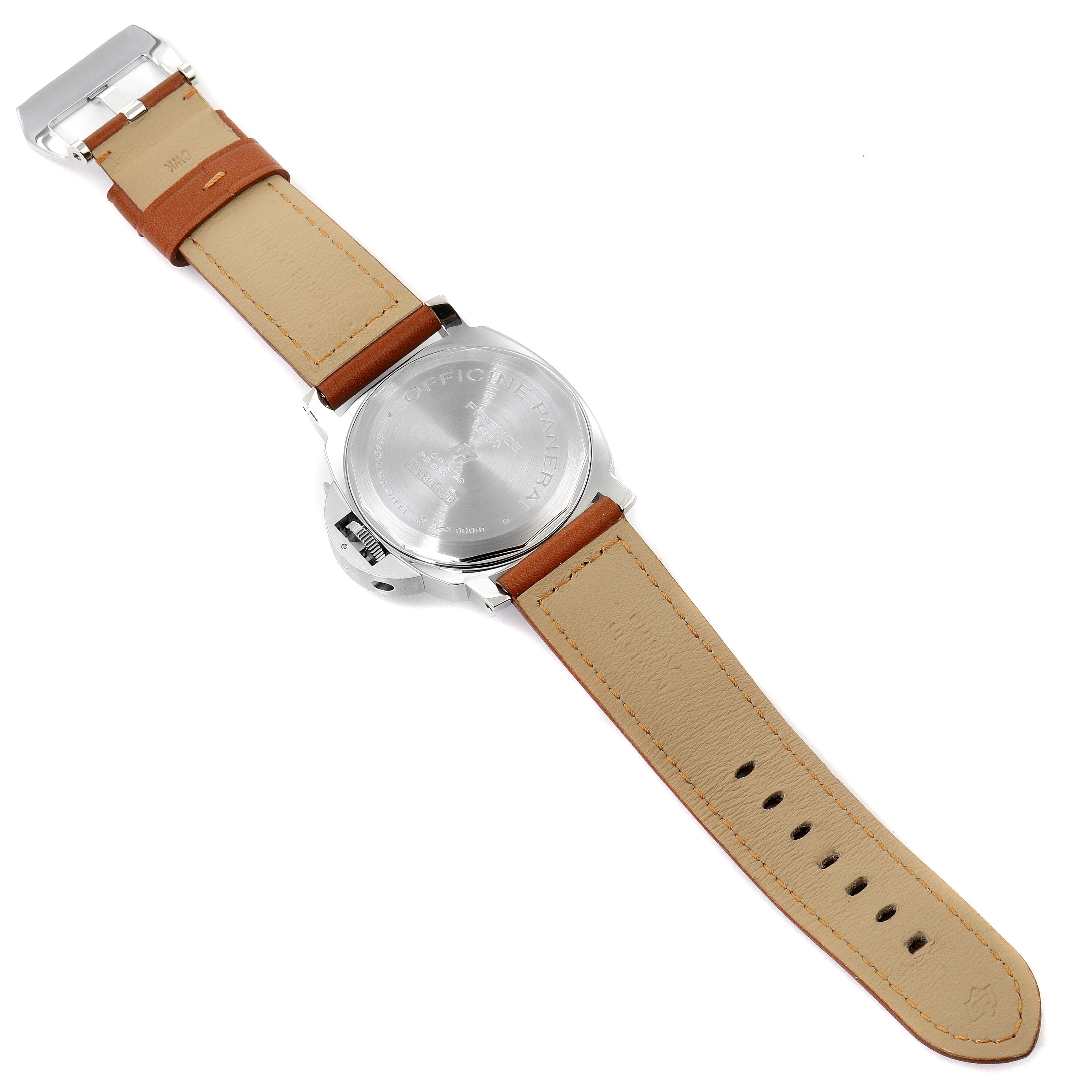 This image displays the back case and strap of a Panerai Luminor PAM00005 Men's Stainless Steel Black Dial PAM00005 Men's Stainless Steel Black Dial watch.