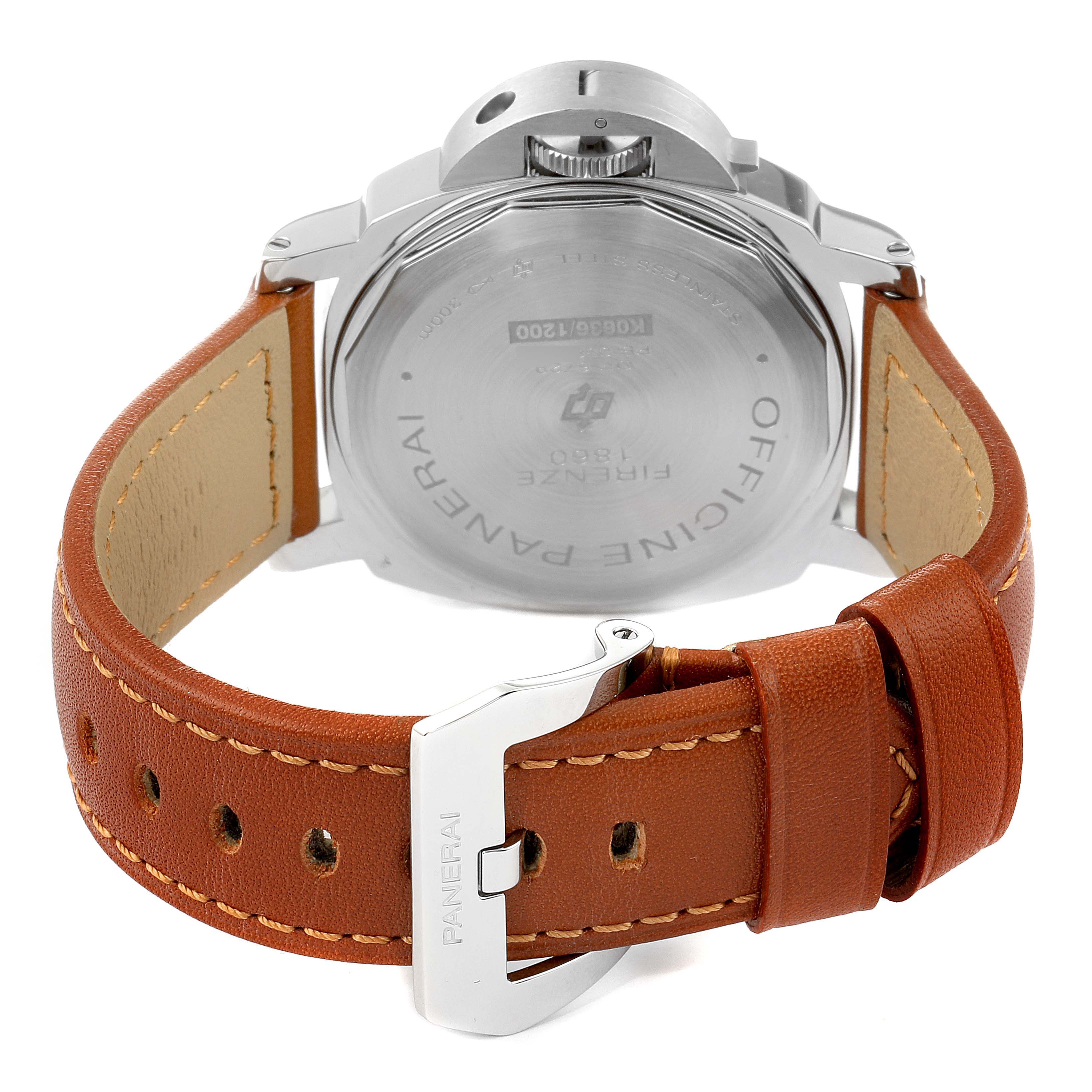 The image shows the back view of a Panerai Luminor PAM00005 Men's Stainless Steel Black Dial PAM00005 Men's Stainless Steel Black Dial watch, highlighting the case back and brown leather strap with a branded buckle.