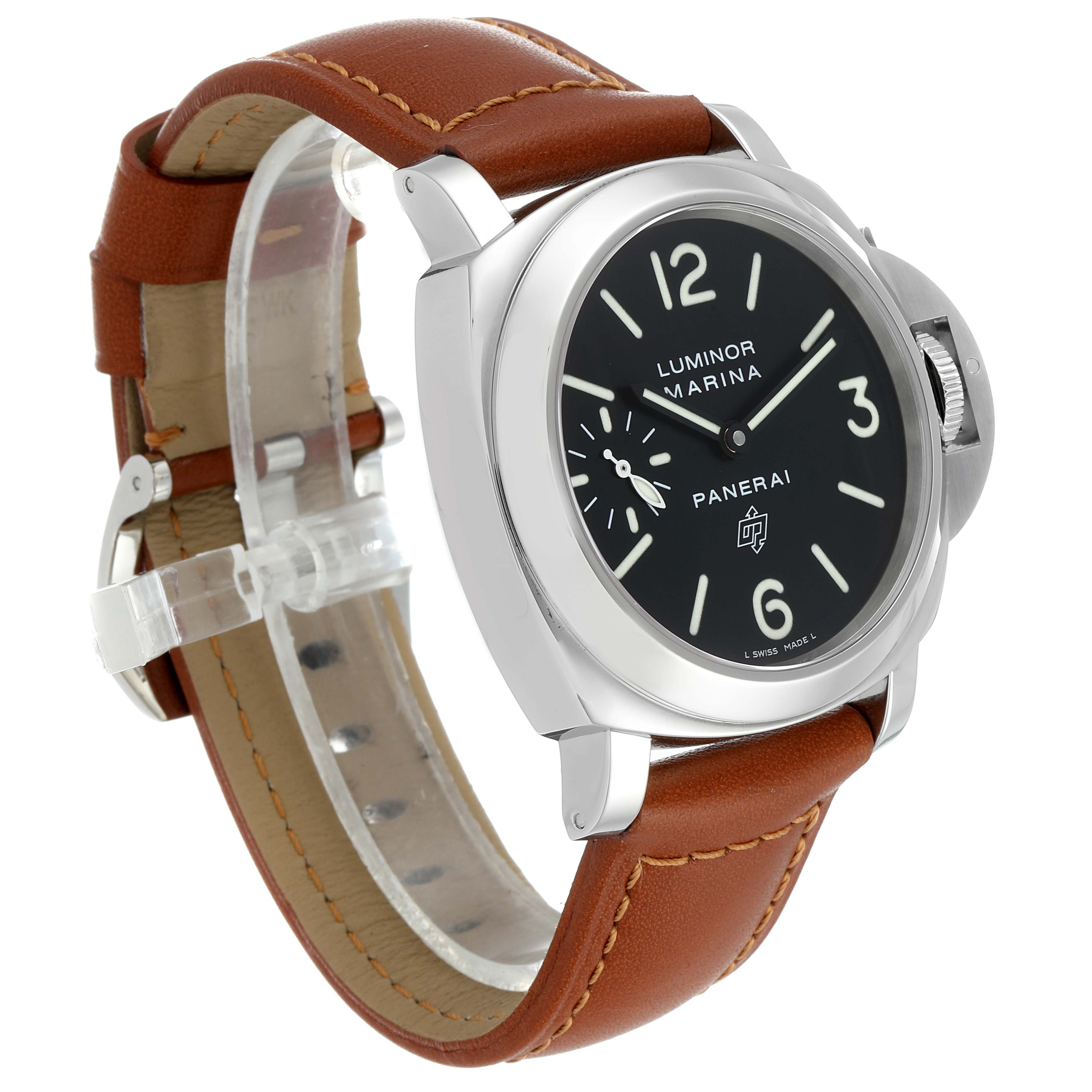 This image shows a Panerai Luminor PAM00005 Men's Stainless Steel Black Dial PAM00005 Men's Stainless Steel Black Dial watch from a front-side angle, highlighting the dial, case, and leather strap.