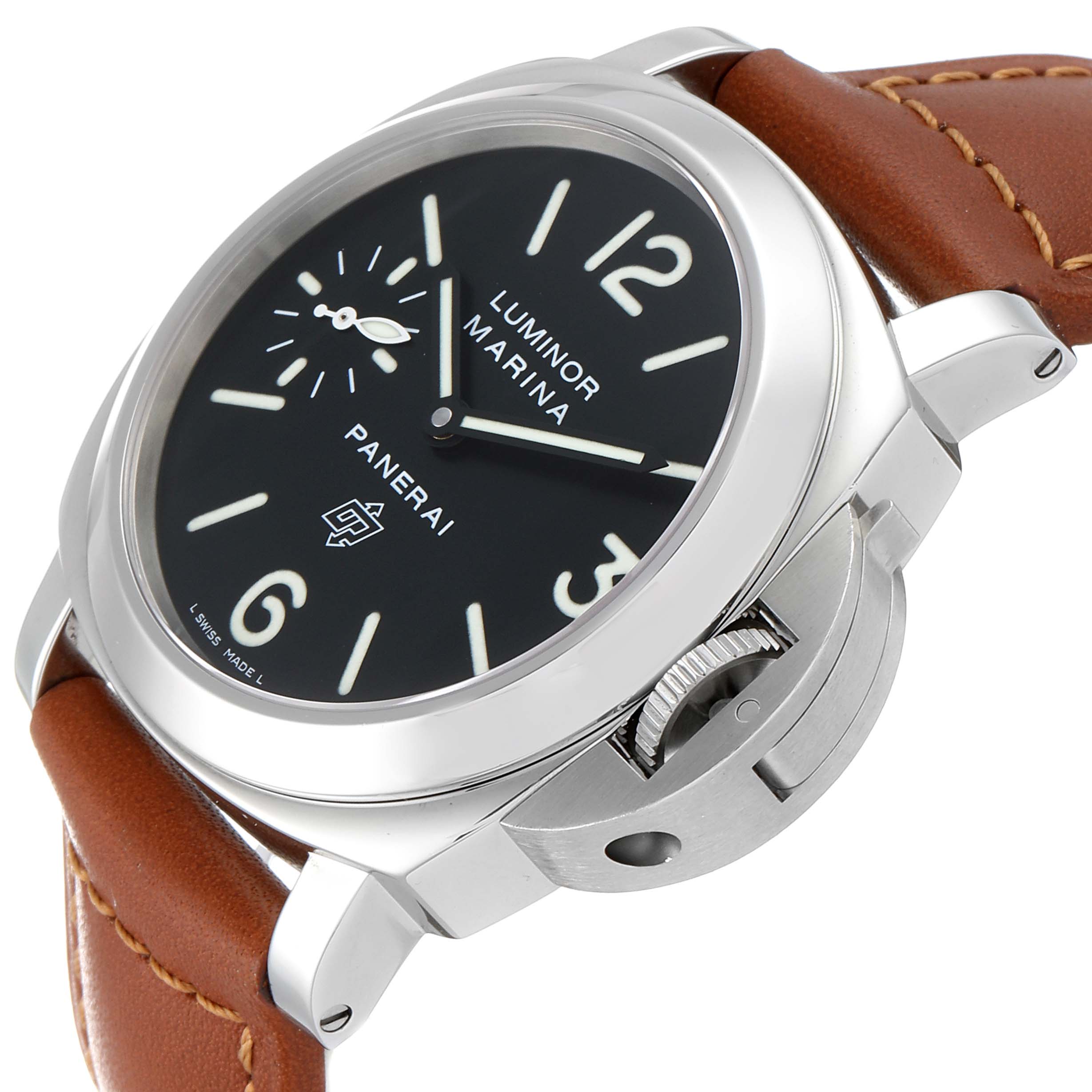 The image shows a Panerai Luminor PAM00005 Men's Stainless Steel Black Dial PAM00005 Men's Stainless Steel Black Dial Marina watch from an angled side view, highlighting the crown guard and leather strap.