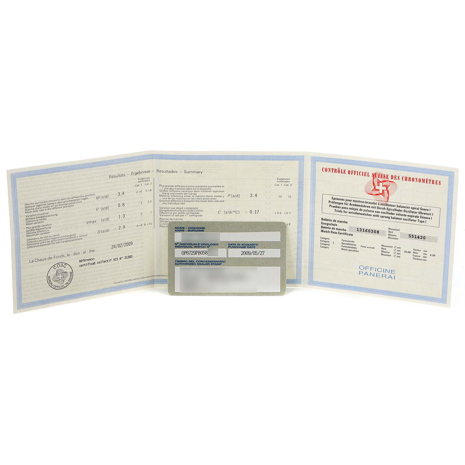 The image shows the certification documents and information card for a Panerai Luminor PAM00005 Men's Stainless Steel Black Dial PAM00005 Men's Stainless Steel Black Dial watch.