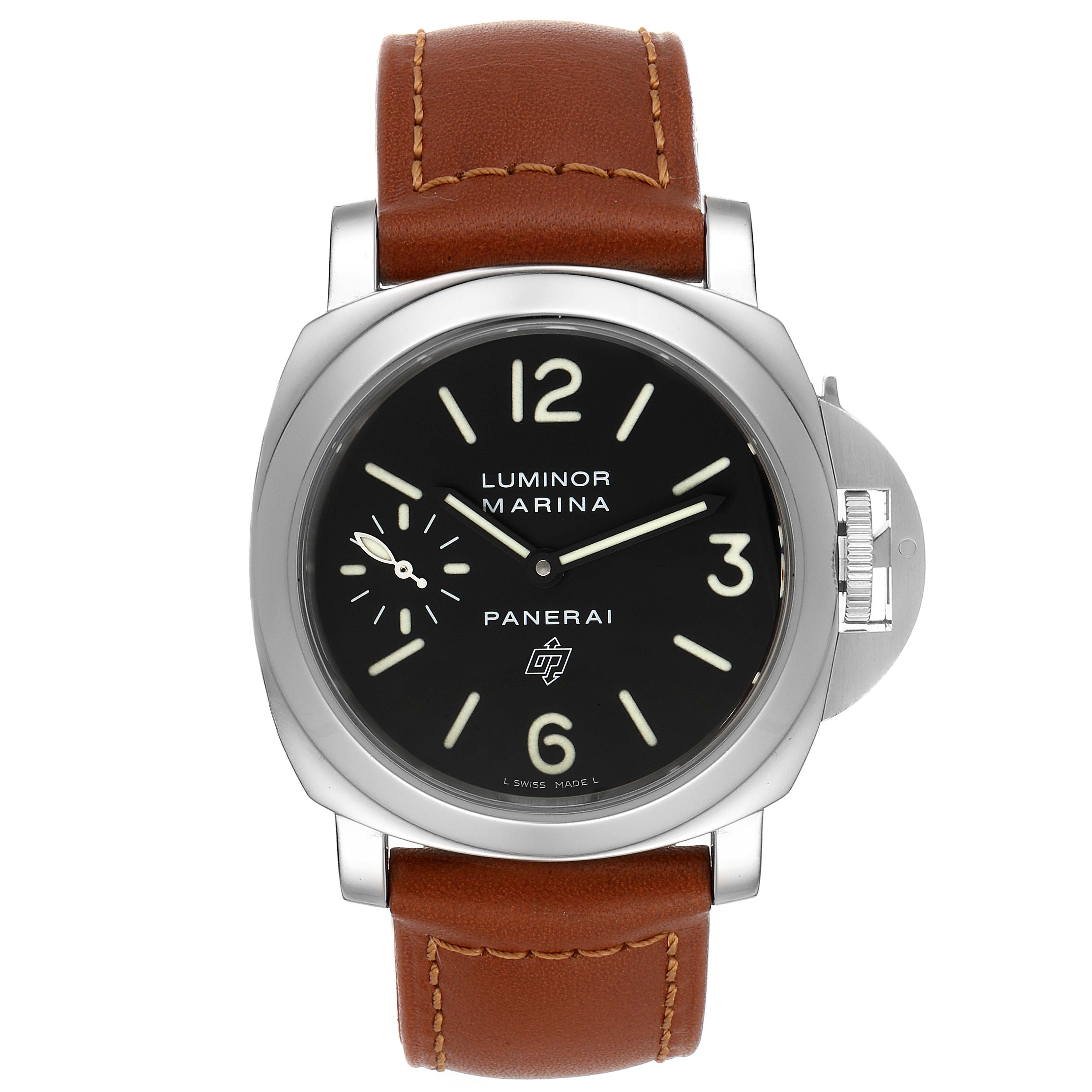 The Panerai Luminor PAM00005 Men's Stainless Steel Black Dial PAM00005 Men's Stainless Steel Black Dial model watch is shown from a front view, highlighting the black dial, brown leather strap, and crown guard.