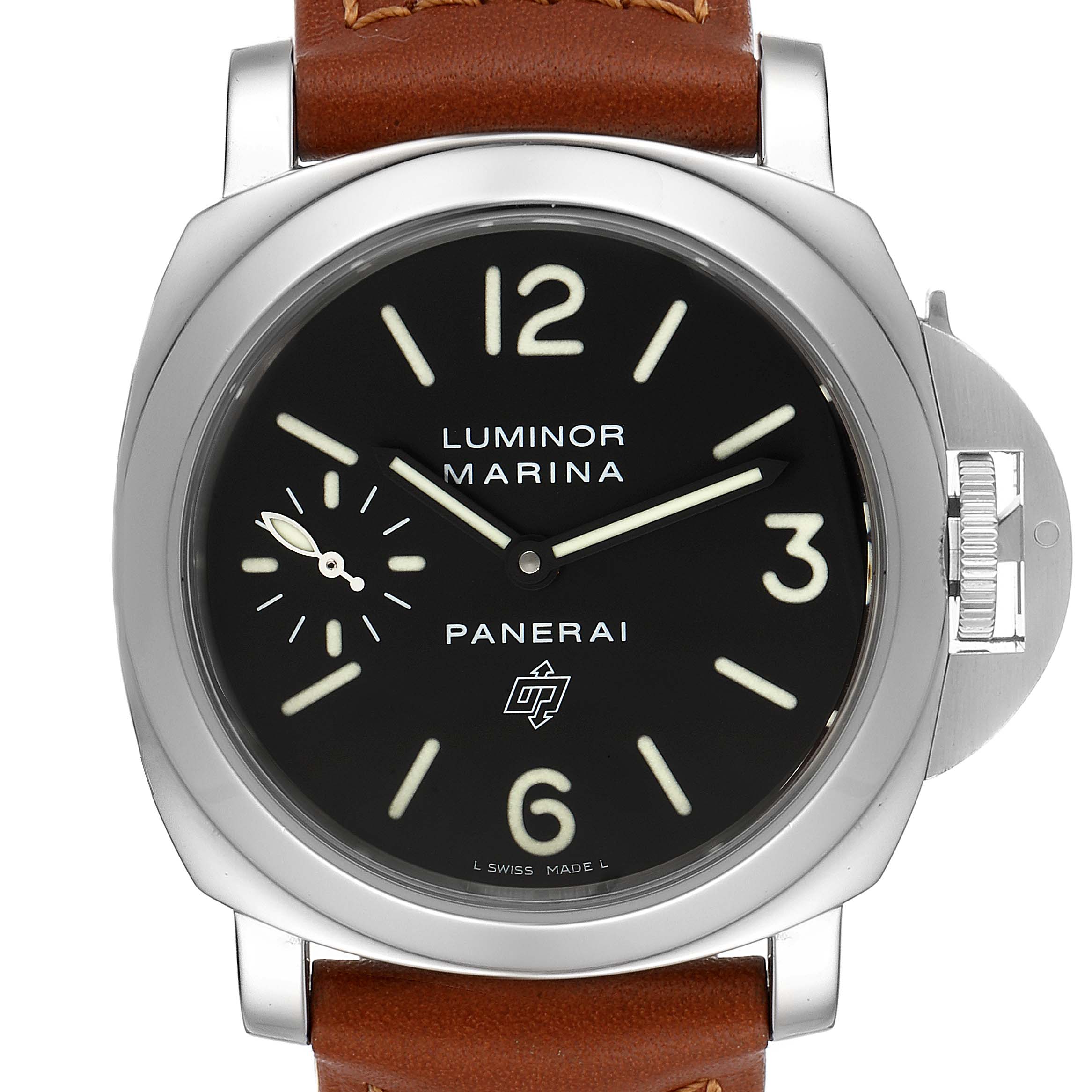 The image shows a front view of a Panerai Luminor PAM00005 Men's Stainless Steel Black Dial PAM00005 Men's Stainless Steel Black Dial watch, featuring its black dial, brown leather strap, and signature crown guard.