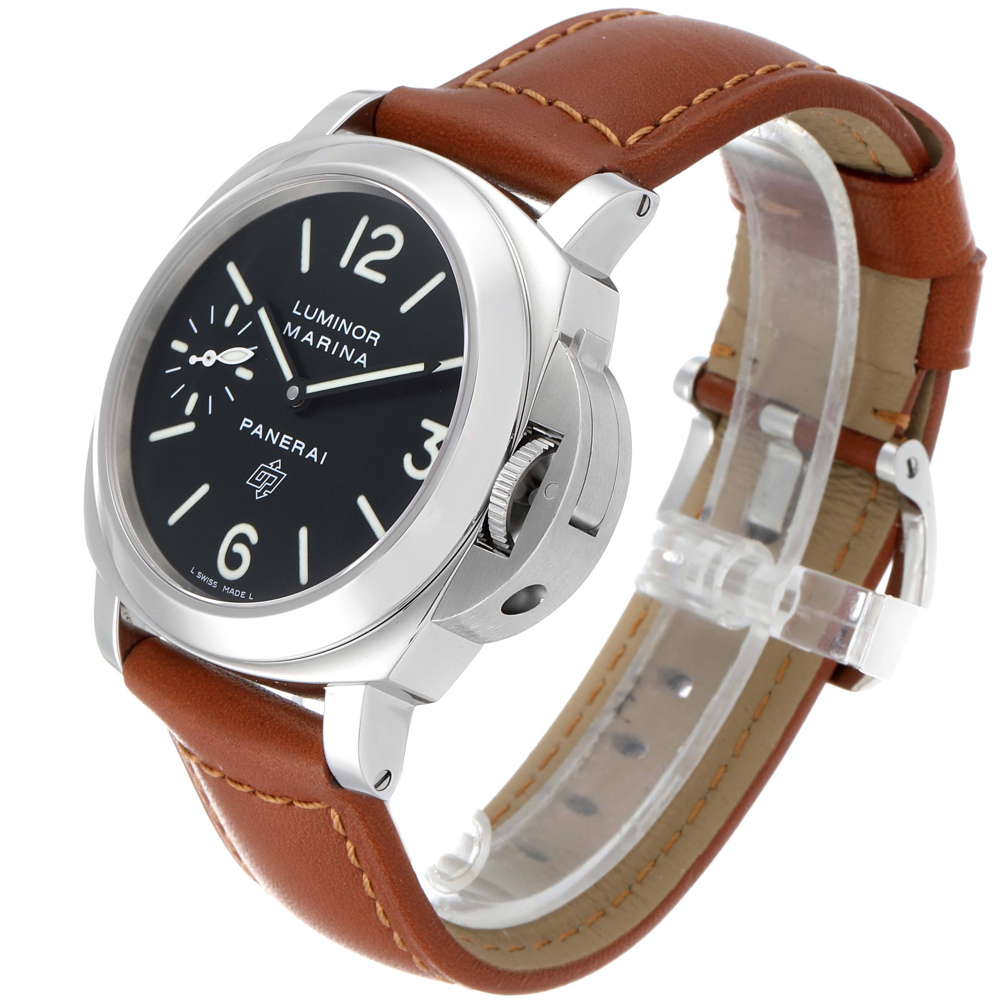 The image shows a Panerai Luminor PAM00005 Men's Stainless Steel Black Dial PAM00005 Men's Stainless Steel Black Dial watch at a 3/4 angle, highlighting the brown leather strap, black dial, and crown guard.
