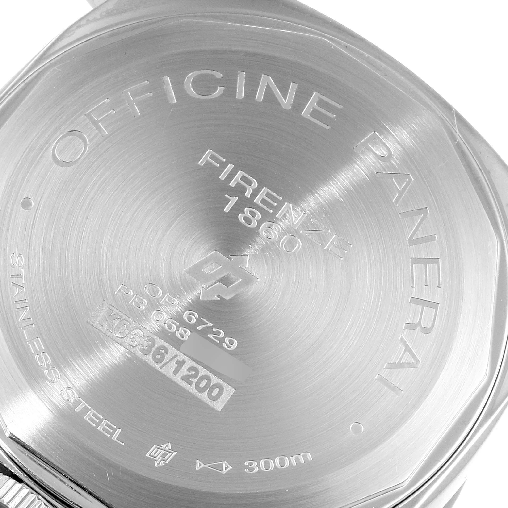 The image shows the back case of a Panerai Luminor PAM00005 Men's Stainless Steel Black Dial PAM00005 Men's Stainless Steel Black Dial watch, displaying its engravings and specifications.