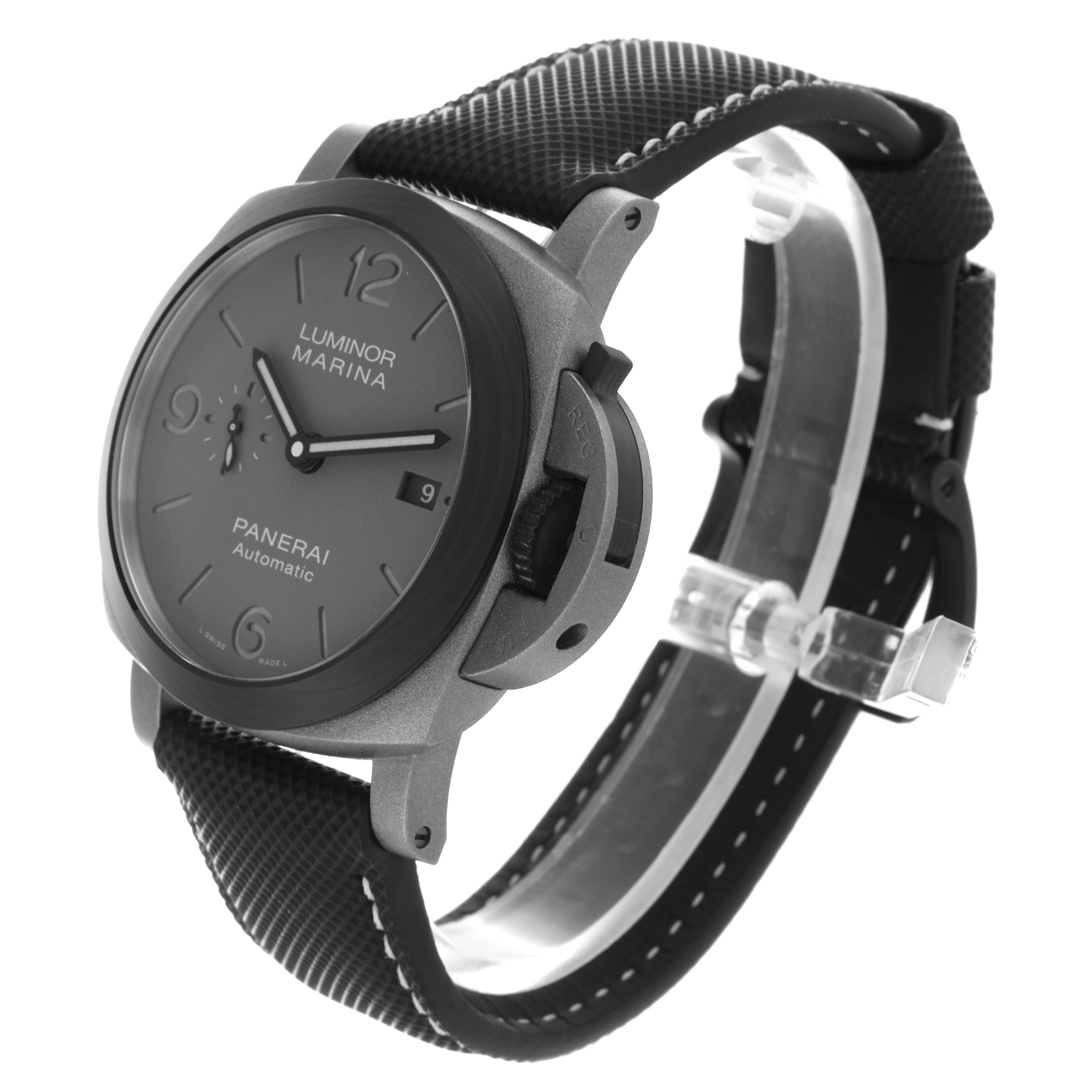 The Panerai Luminor PAM01662 Men's Titanium Grey Dial PAM01662 Men's Titanium Grey Dial watch is shown at a three-quarter angle, highlighting the case, dial, and strap.