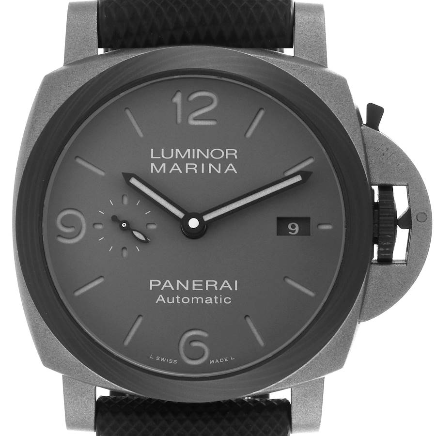 The Panerai Luminor watch is shown from the front, displaying the dial, crown guard, and strap.