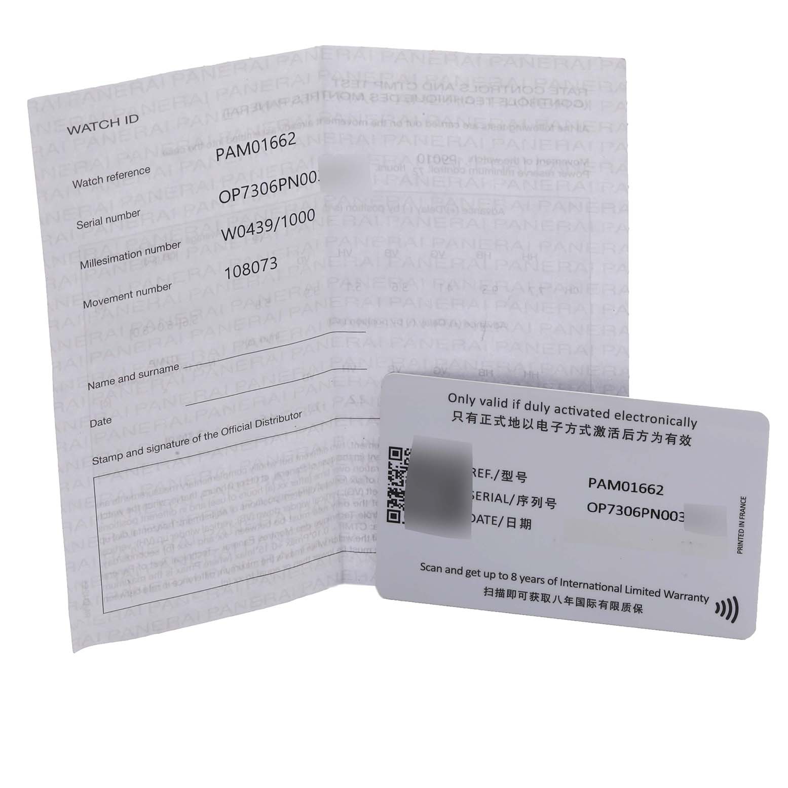 The image shows warranty documentation and a card for a Panerai Luminor PAM01662 Men's Titanium Grey Dial PAM01662 Men's Titanium Grey Dial PAM01662 watch, displayed at an angle.