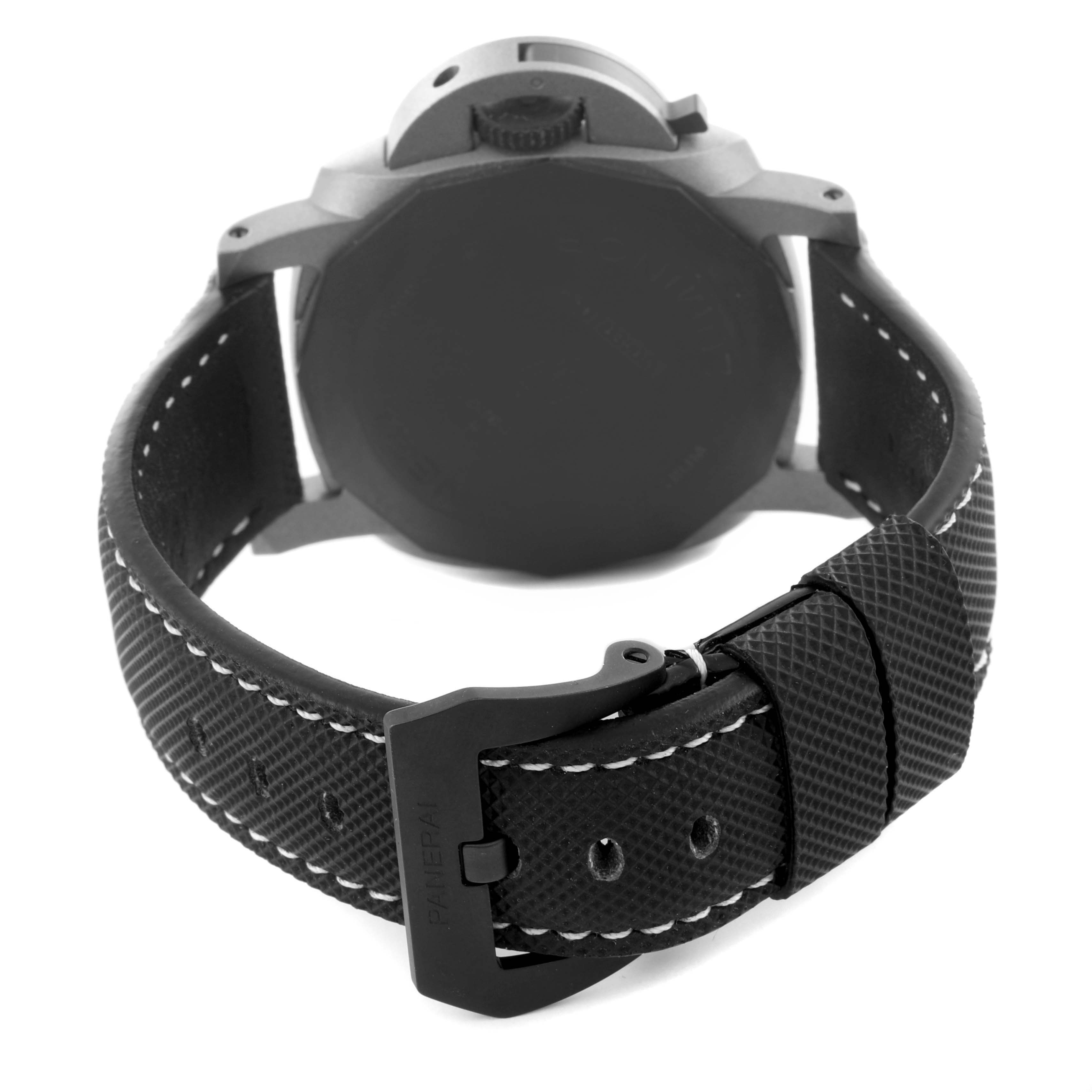 The image shows the rear view of a Panerai Luminor PAM01662 Men's Titanium Grey Dial PAM01662 Men's Titanium Grey Dial watch, highlighting the back case and textured black strap with white stitching.