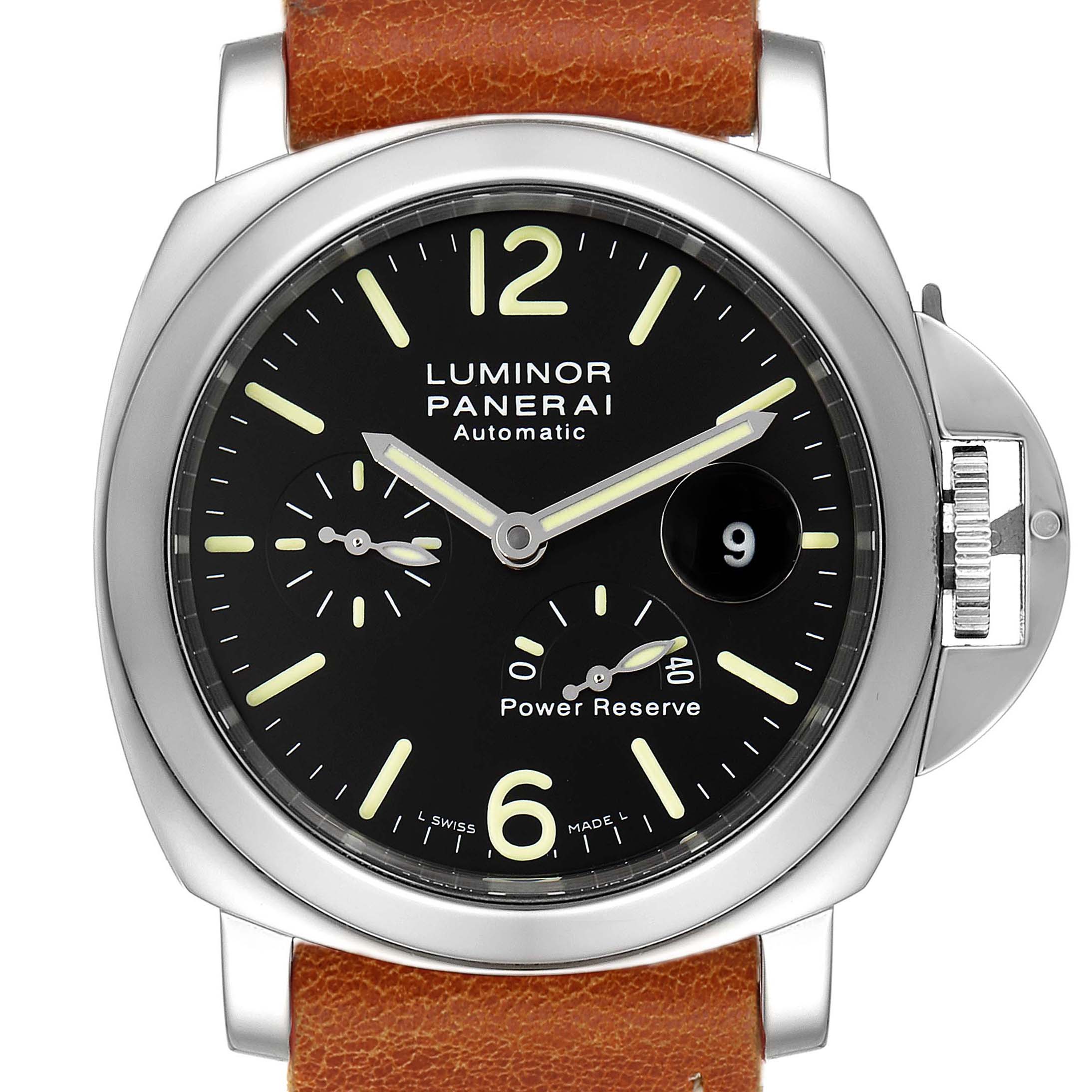 This image shows a frontal view of the Panerai Luminor PAM00090 Men
s Stainless Steel Black Dial PAM00090 Men
s Stainless Steel Black Dial watch featuring a black dial, power reserve indicator, and a brown leather strap.