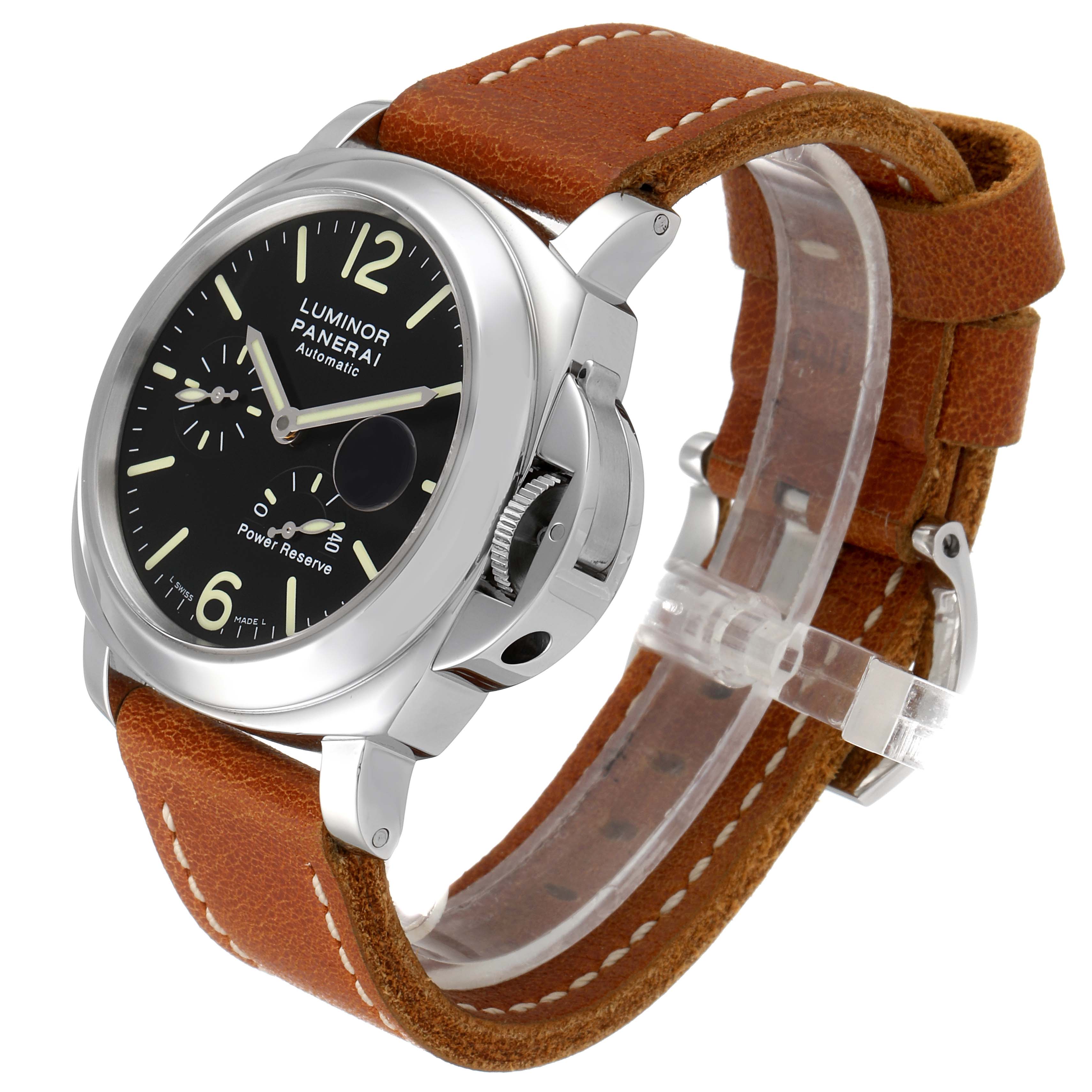 The image shows a Panerai Luminor PAM00090 Men
s Stainless Steel Black Dial PAM00090 Men
s Stainless Steel Black Dial watch from a 3/4 angle, displaying the case, dial, and leather strap.