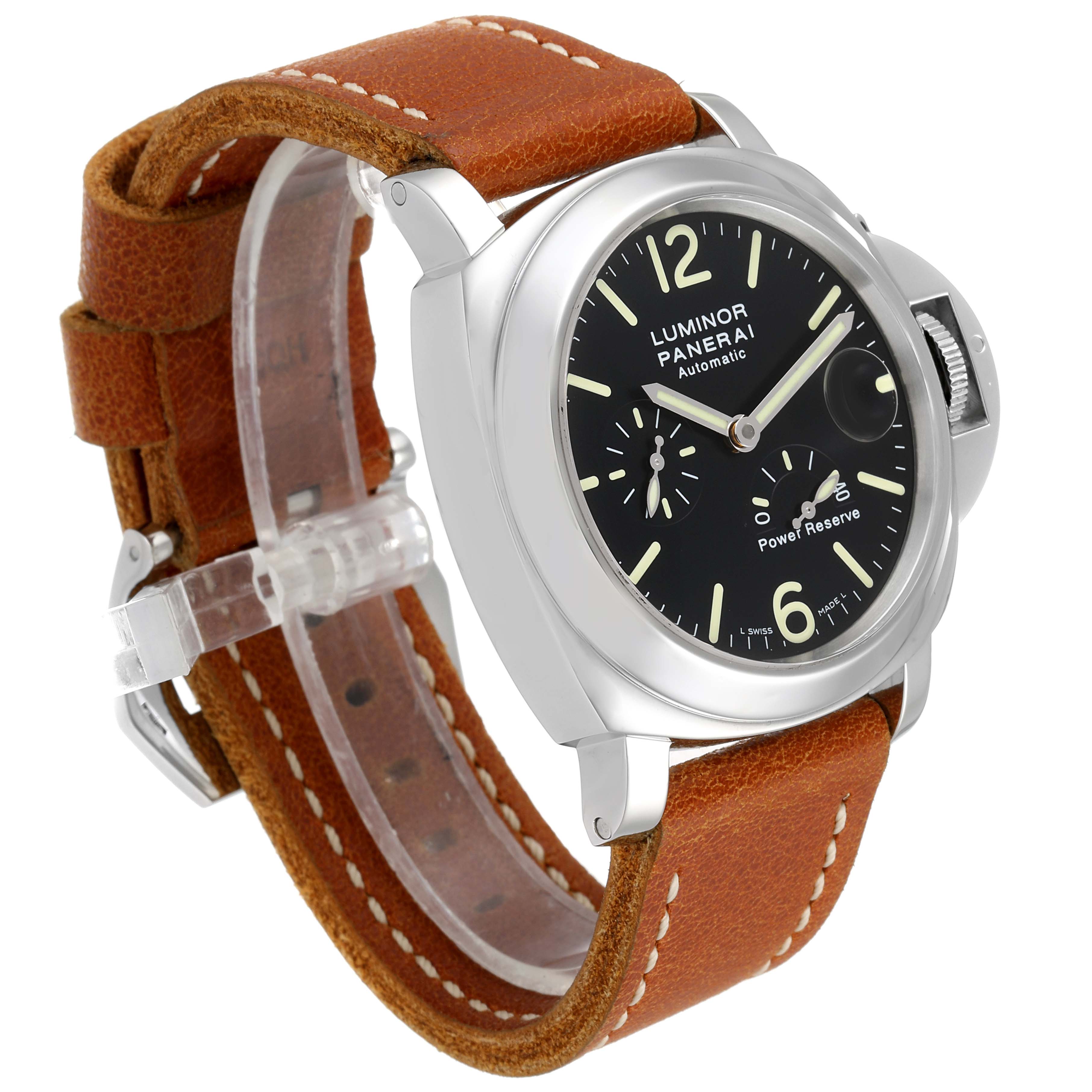The image shows a Panerai Luminor PAM00090 Men
s Stainless Steel Black Dial PAM00090 Men
s Stainless Steel Black Dial watch at an angled side view, highlighting its round dial and brown leather strap.