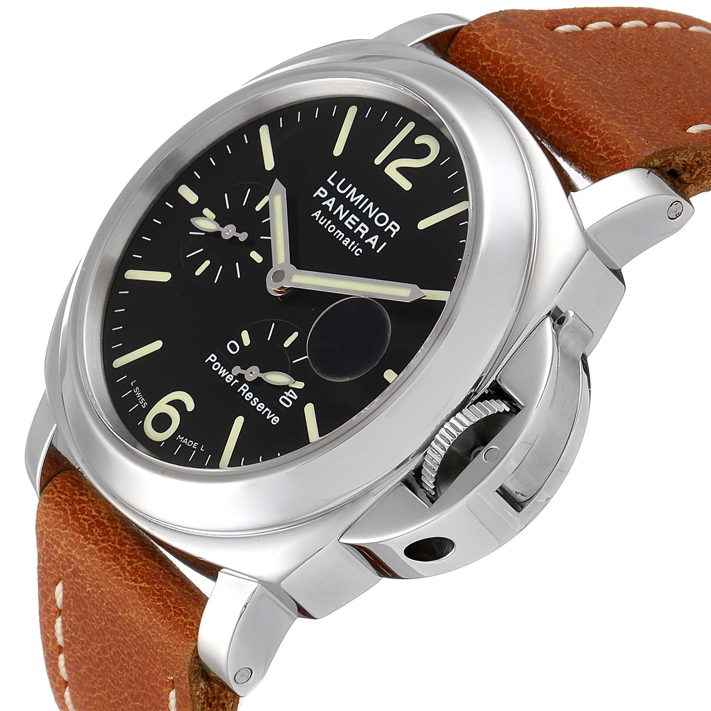 The image shows a Panerai Luminor PAM00090 Men
s Stainless Steel Black Dial PAM00090 Men
s Stainless Steel Black Dial watch with a side angle, highlighting its black dial, brown leather strap, and crown guard.