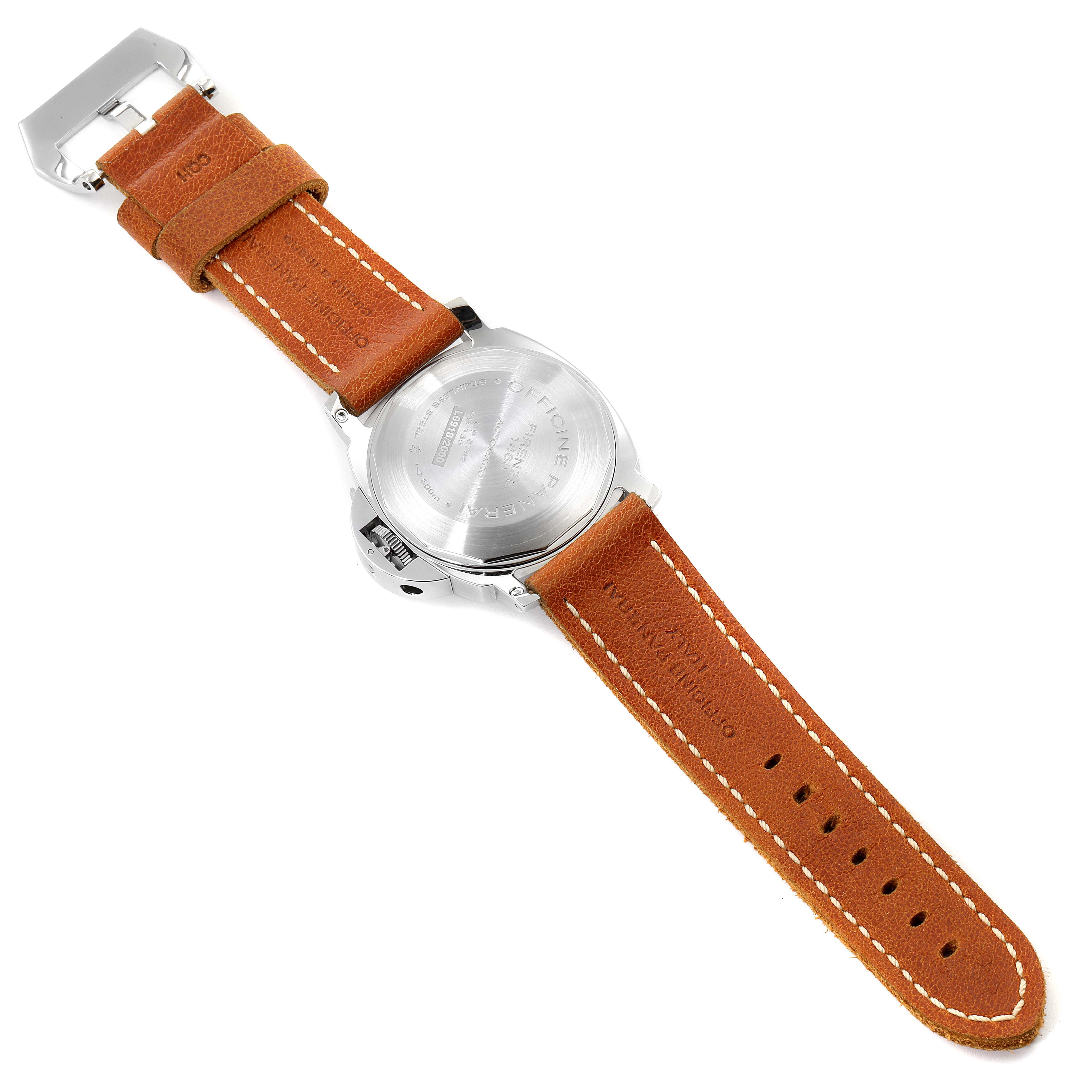 The image shows the back view of a Panerai Luminor PAM00090 Men
s Stainless Steel Black Dial PAM00090 Men
s Stainless Steel Black Dial watch with a tan leather strap and visible case back.