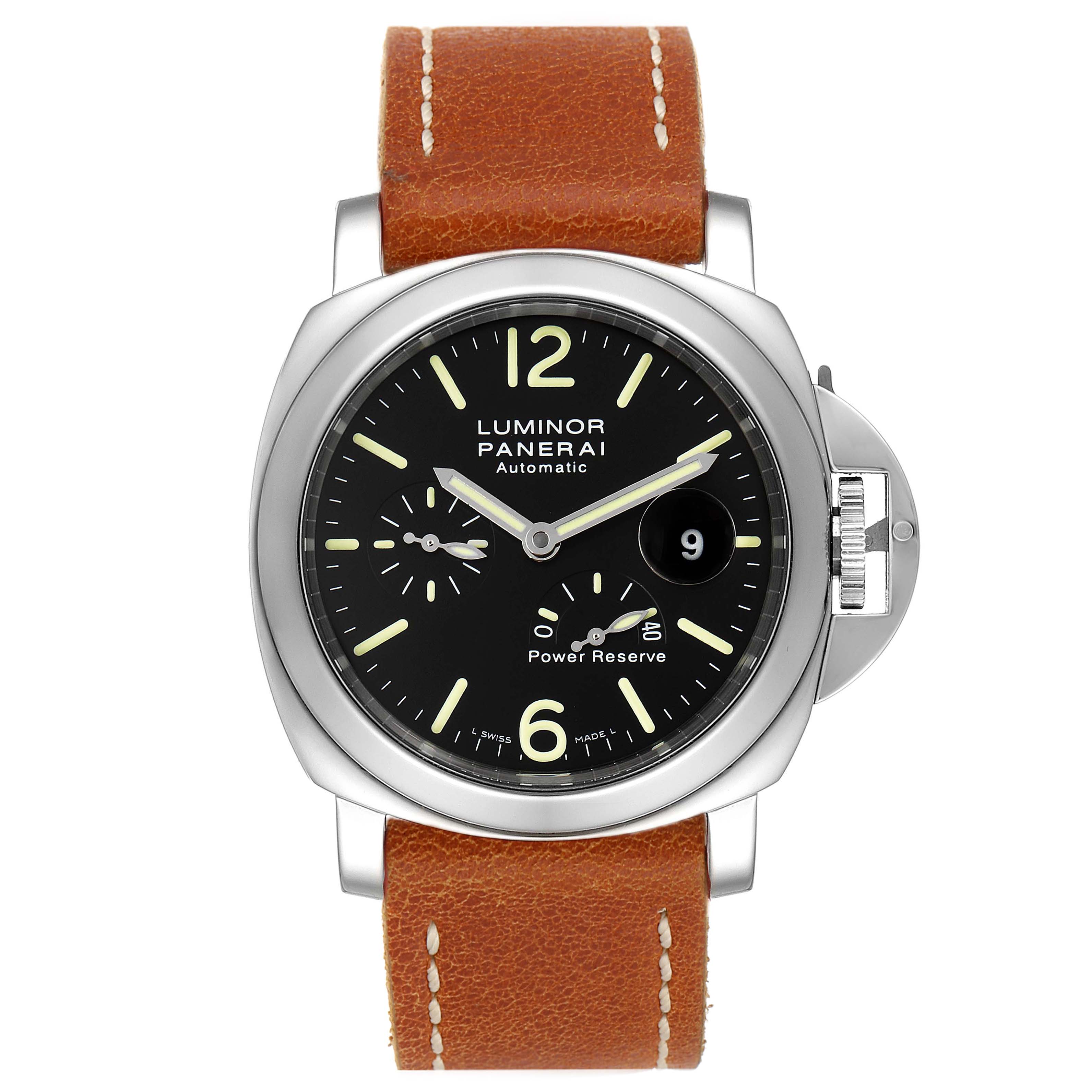 The image shows a front view of a Panerai Luminor PAM00090 Men
s Stainless Steel Black Dial PAM00090 Men
s Stainless Steel Black Dial watch, featuring a black dial, brown leather strap, and power reserve indicator.