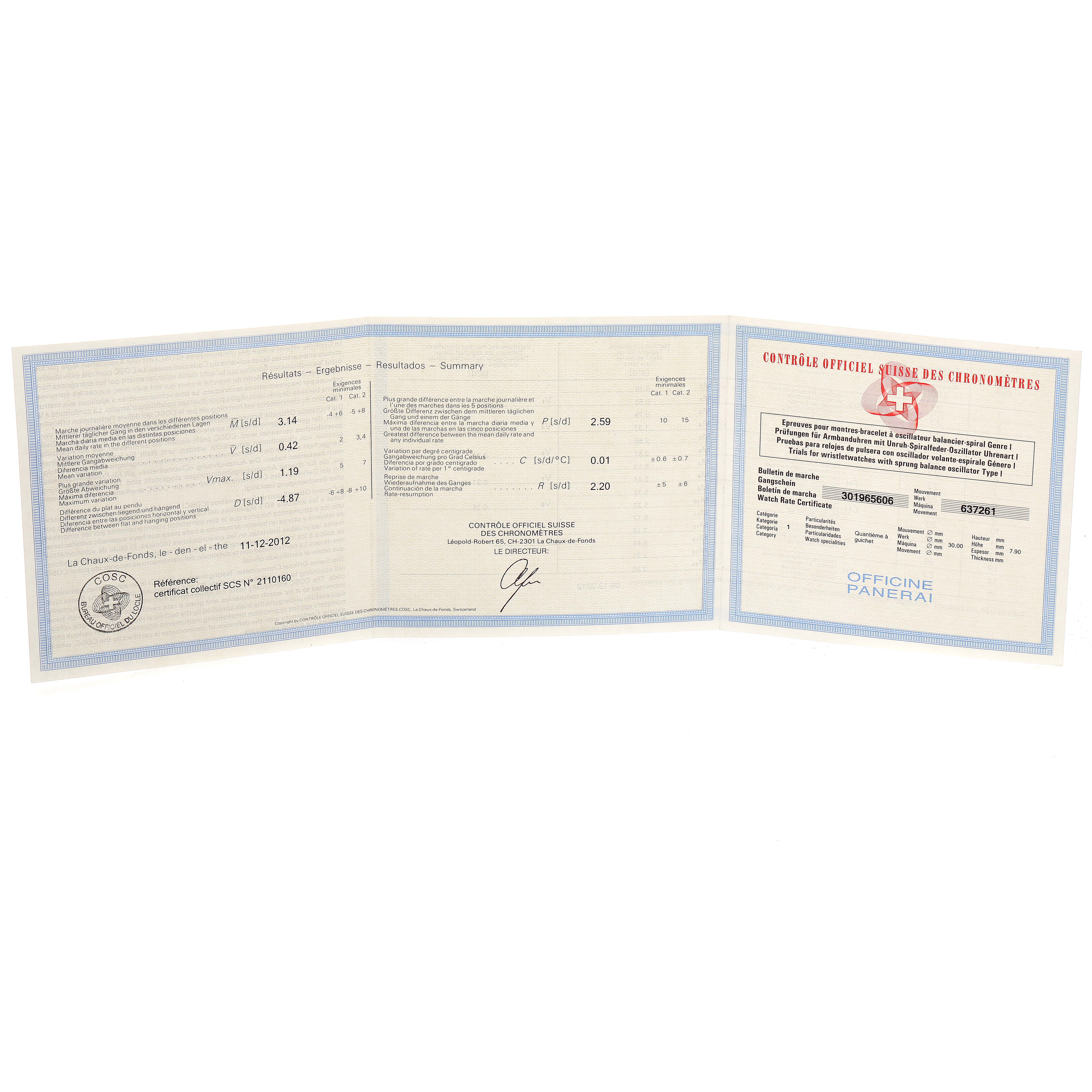 This image shows a warranty certificate and chronometer certification for a Panerai Luminor PAM00090 Men
s Stainless Steel Black Dial PAM00090 Men
s Stainless Steel Black Dial watch at a flat angle.