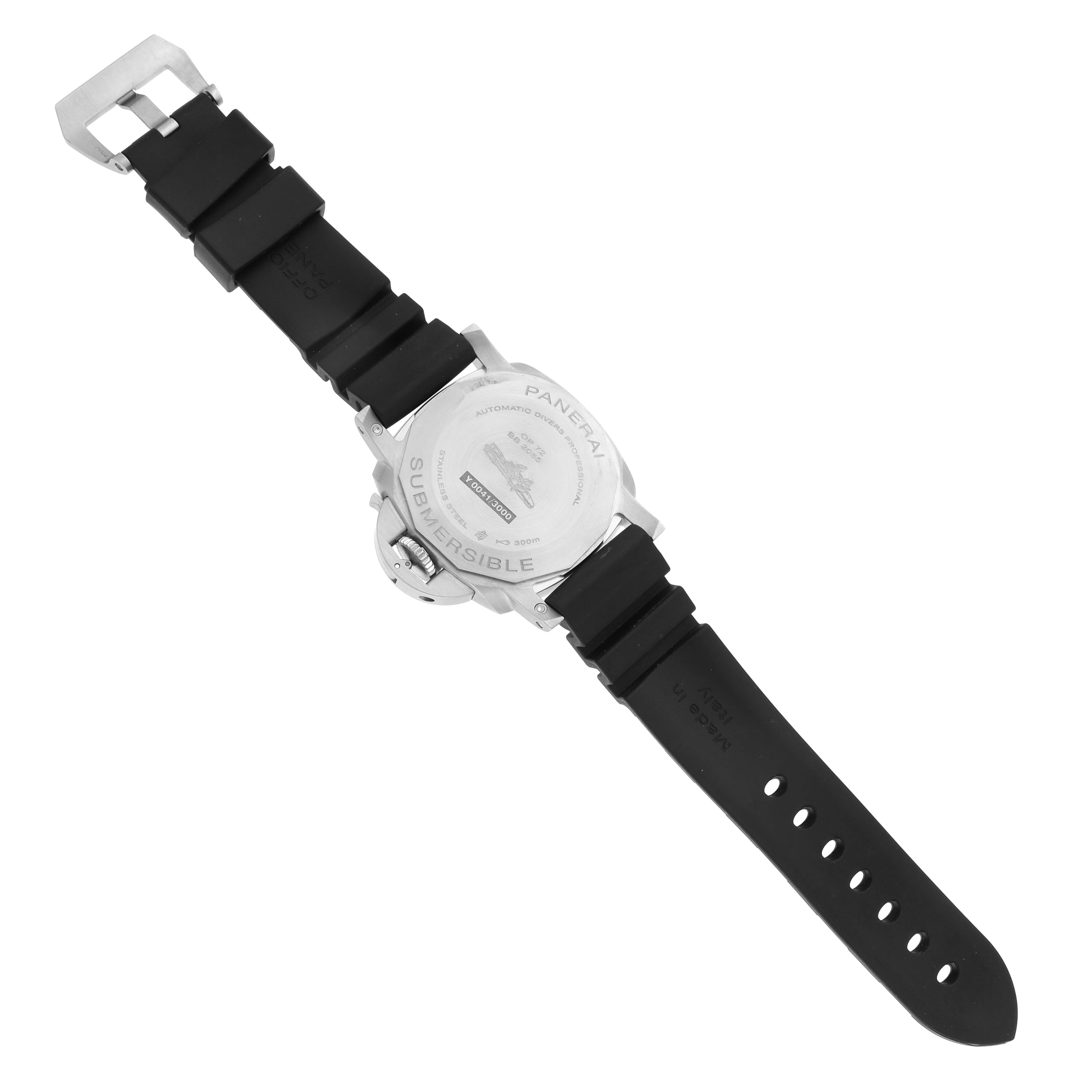 The image shows the back of a Panerai Luminor PAM02973 Men's Stainless Steel Black Dial PAM02973 Men's Stainless Steel Black Dial watch with its strap fully extended.