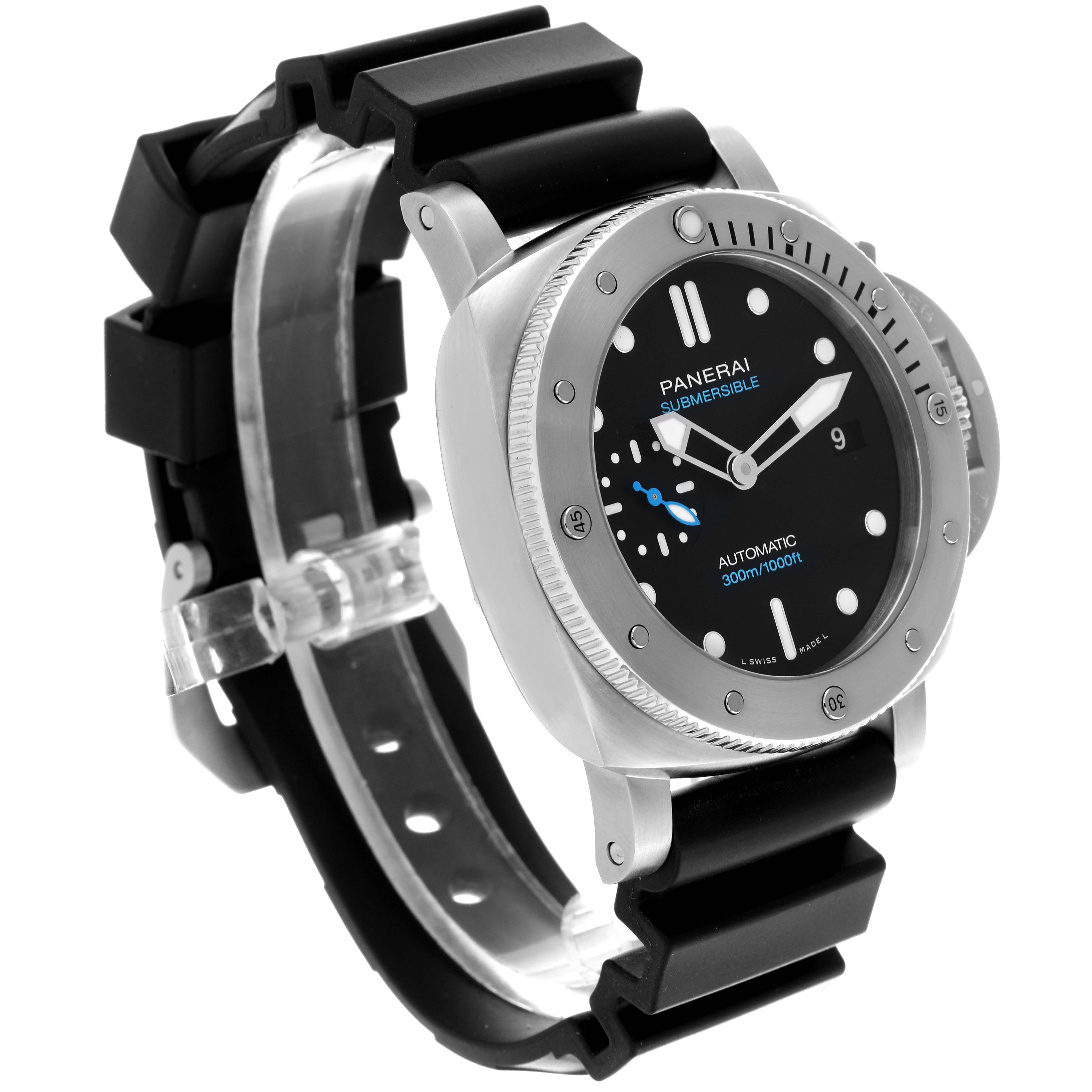 The Panerai Luminor PAM02973 Men's Stainless Steel Black Dial PAM02973 Men's Stainless Steel Black Dial watch is shown at a three-quarter angle, highlighting its face, bezel, and strap.