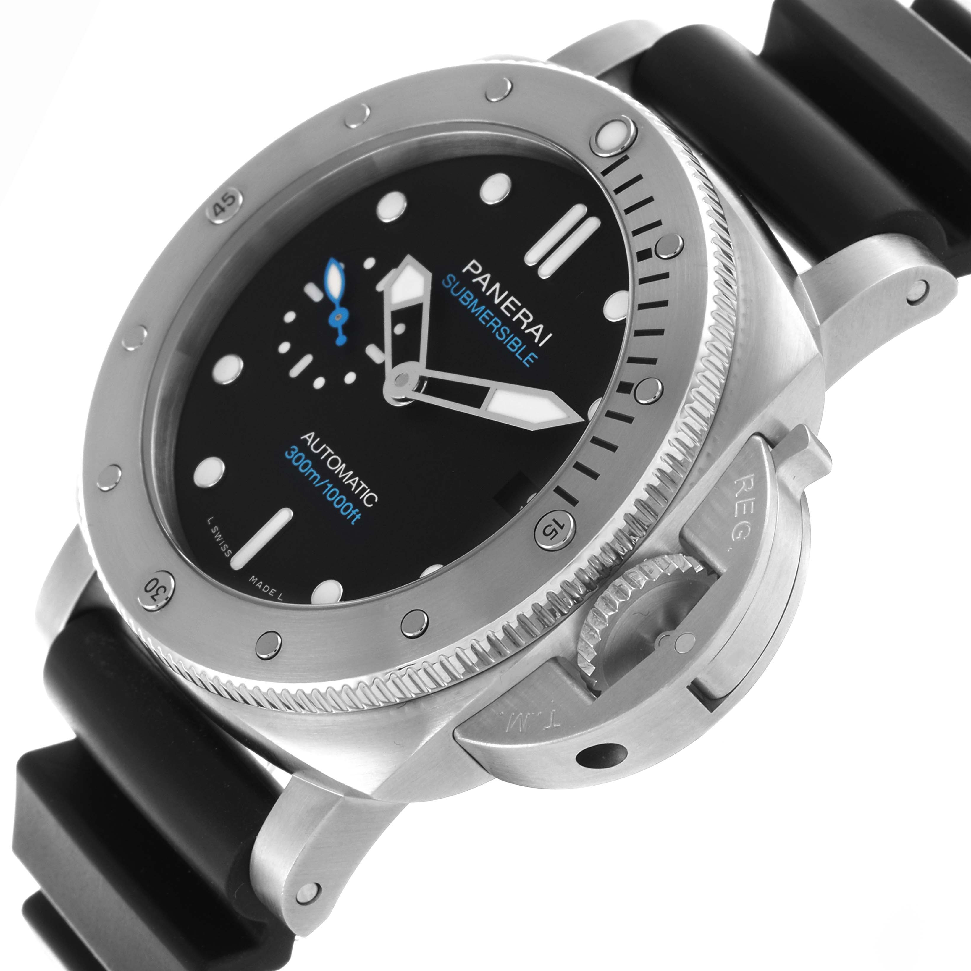The Panerai Luminor PAM02973 Men's Stainless Steel Black Dial PAM02973 Men's Stainless Steel Black Dial watch is shown at an angle displaying the face, bezel, and crown guard.