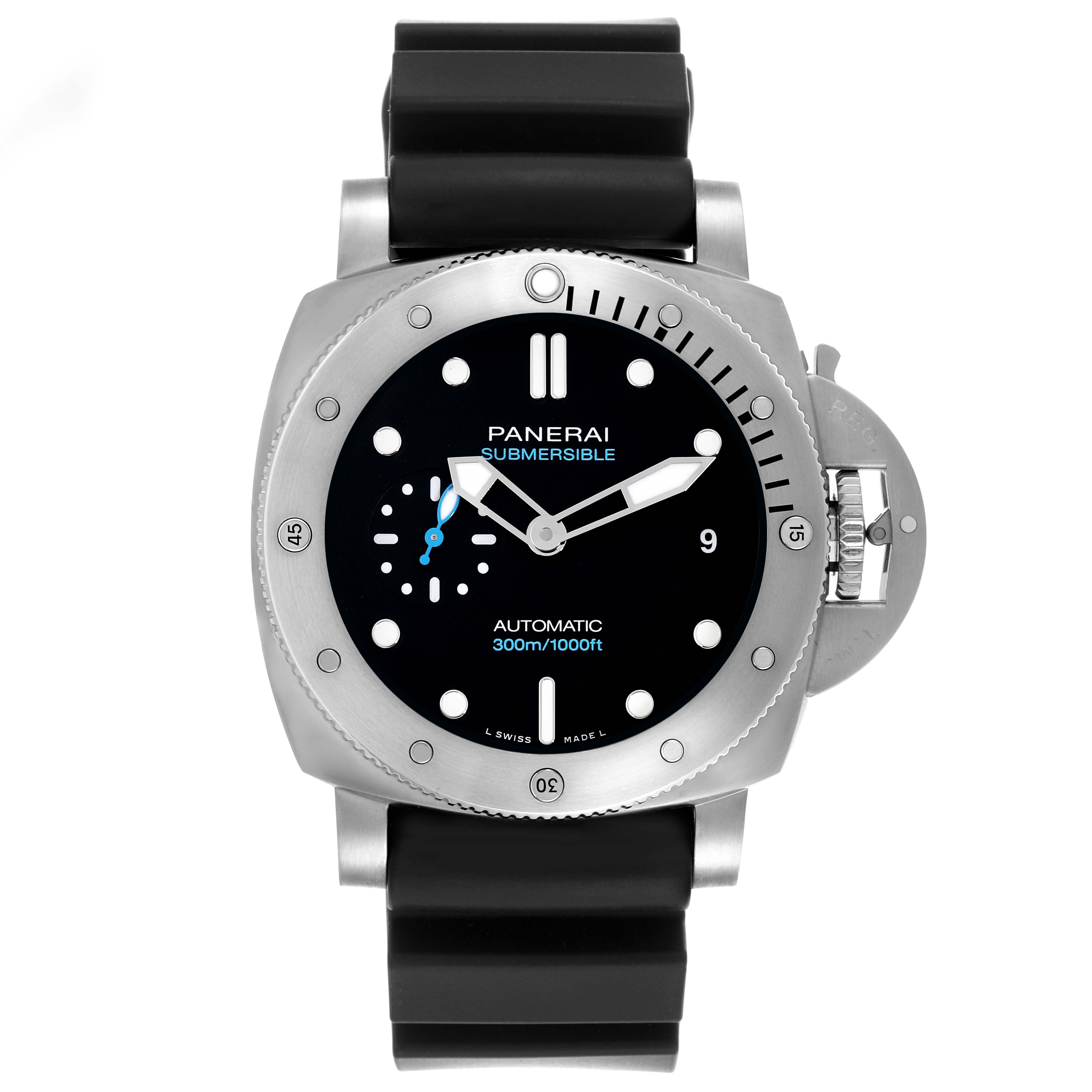 The Panerai Luminor PAM02973 Men's Stainless Steel Black Dial PAM02973 Men's Stainless Steel Black Dial model is shown from the front, displaying the dial, bezel, crown guard, and black rubber strap.