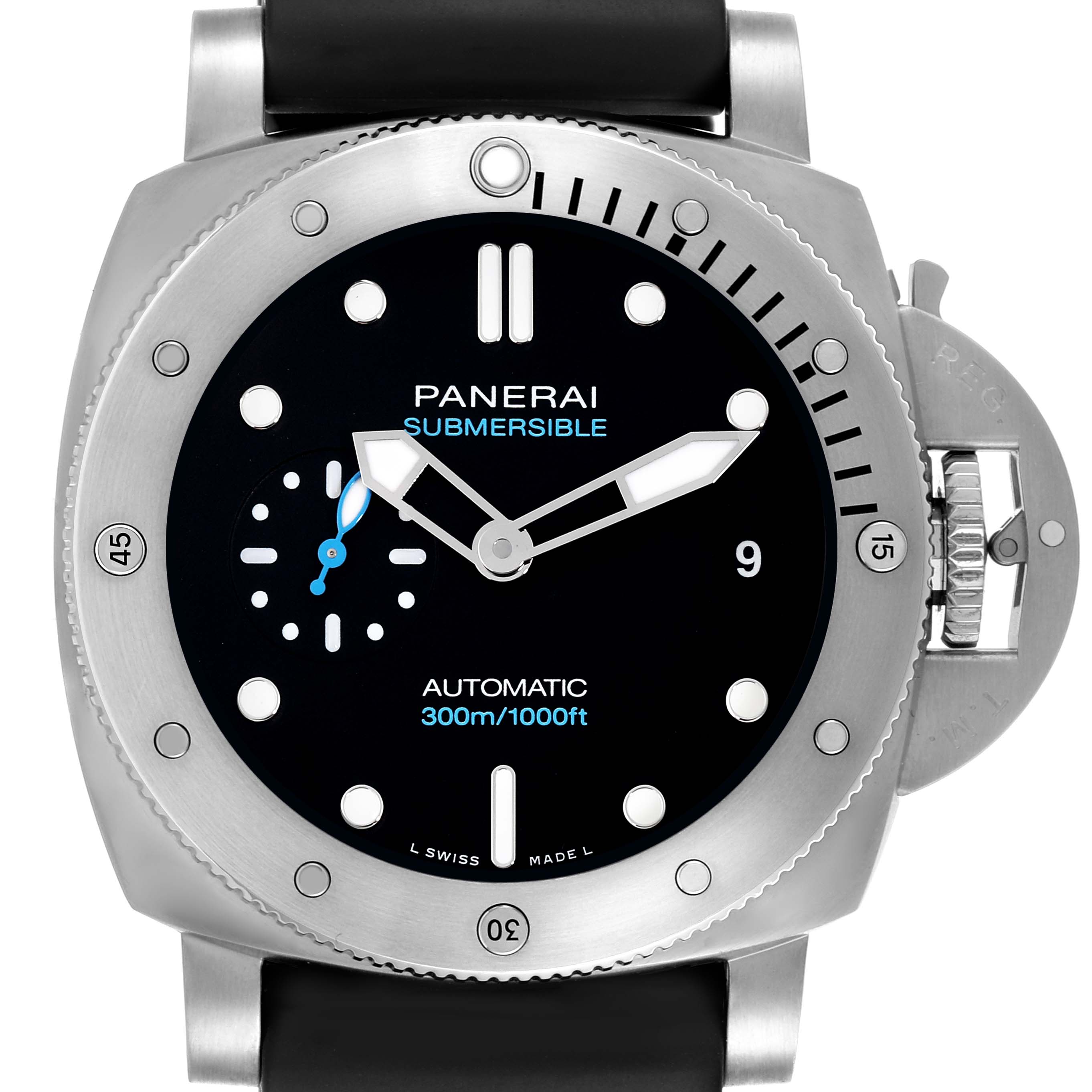 The Panerai Luminor PAM02973 Men's Stainless Steel Black Dial PAM02973 Men's Stainless Steel Black Dial watch is shown from a front angle, highlighting its dial, bezel, and crown guard.