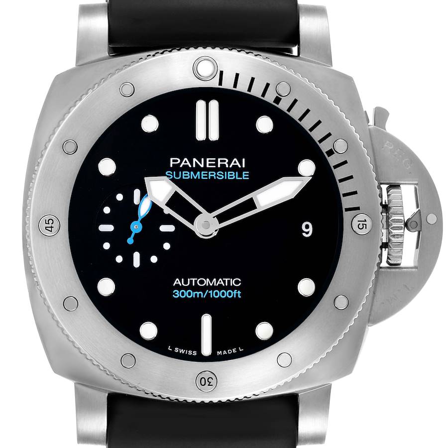 The Panerai Luminor watch is shown from a front angle, highlighting its dial, bezel, and crown guard.