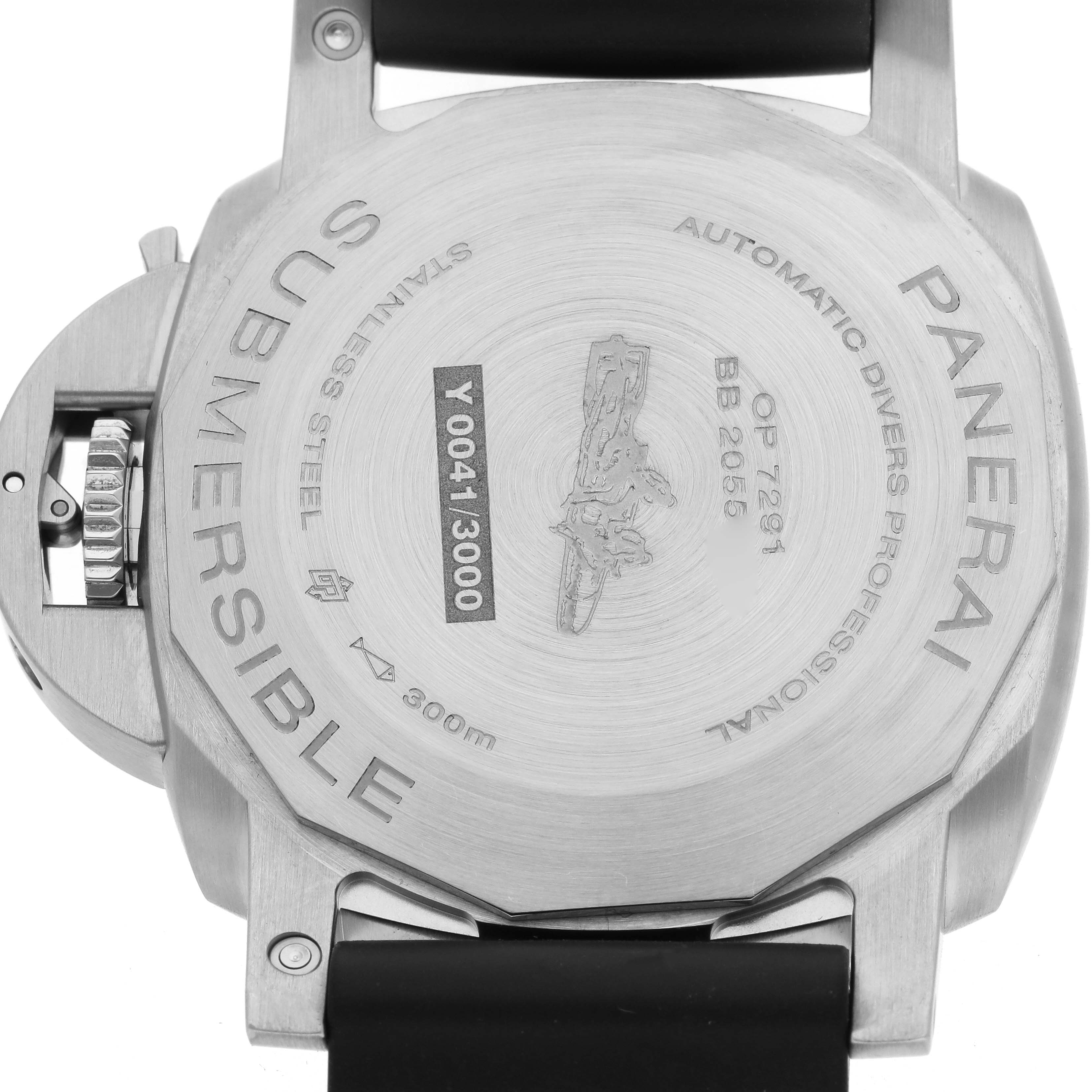 The image shows the case back of a Panerai Luminor PAM02973 Men's Stainless Steel Black Dial PAM02973 Men's Stainless Steel Black Dial Submersible, featuring engravings and the crown guard.