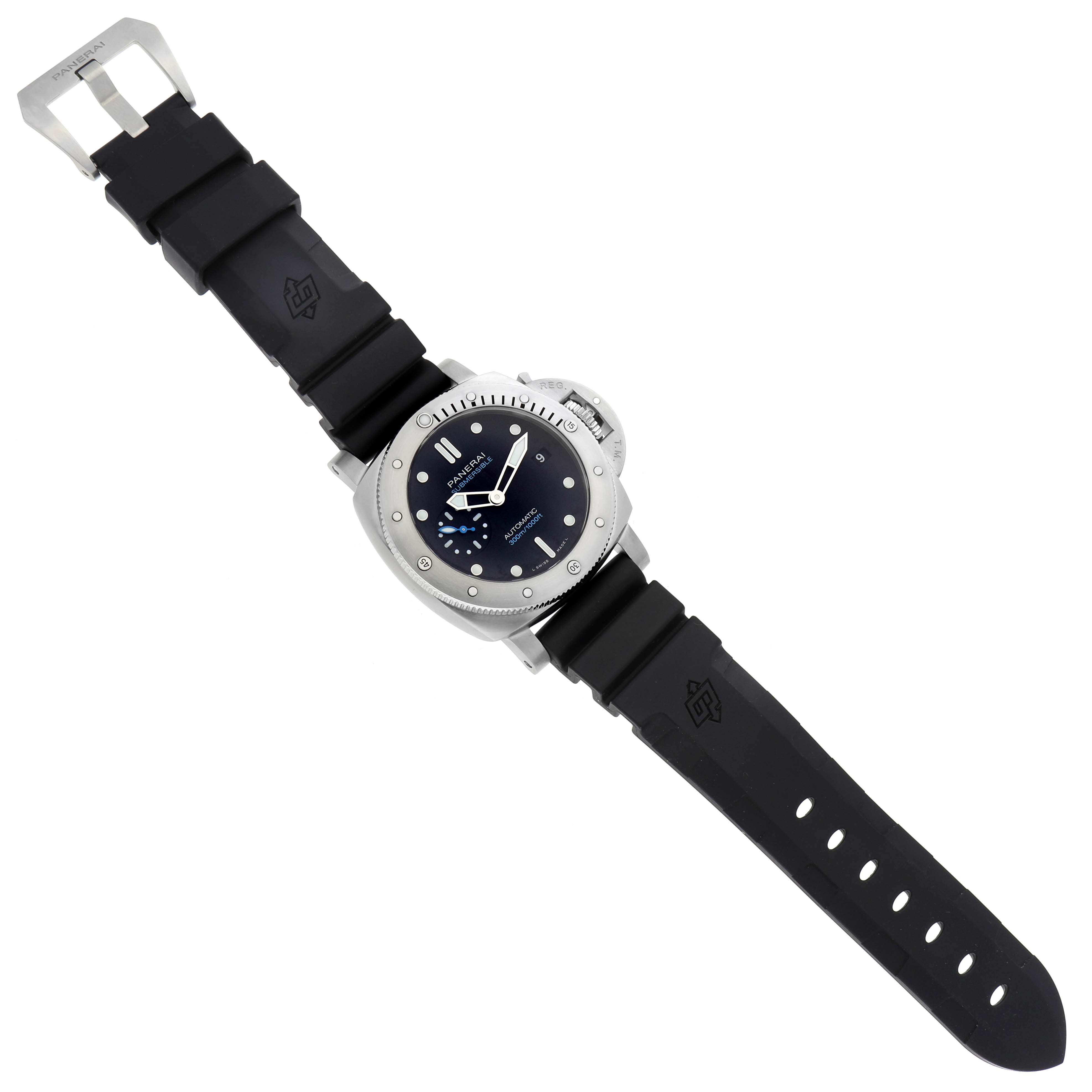 The Panerai Luminor PAM02973 Men's Stainless Steel Black Dial PAM02973 Men's Stainless Steel Black Dial watch is shown from a top-down angle, displaying the full dial, bezel, and black strap.