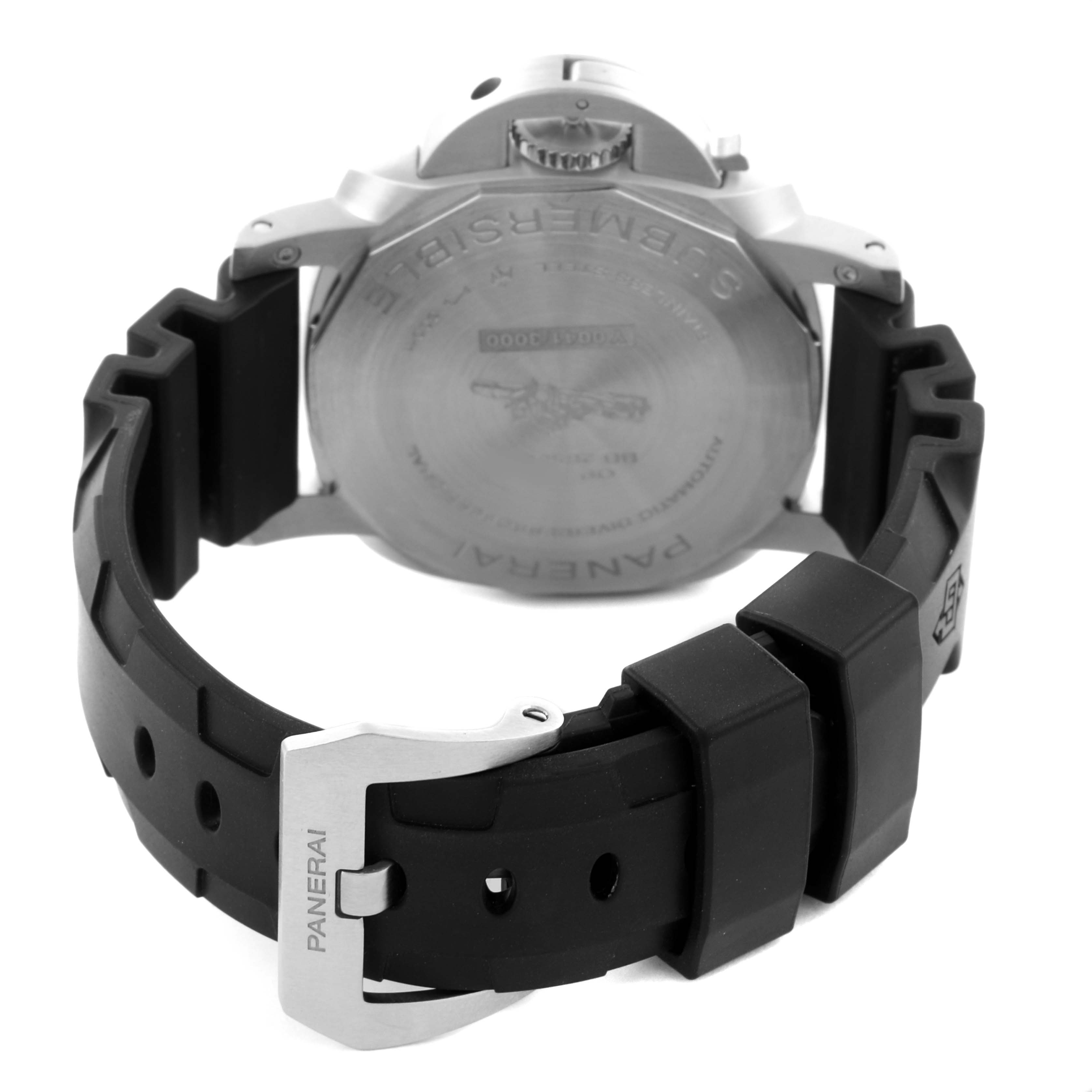 The image shows the back view of a Panerai Luminor PAM02973 Men's Stainless Steel Black Dial PAM02973 Men's Stainless Steel Black Dial watch, highlighting the case back, crown, and black rubber strap with a branded buckle.