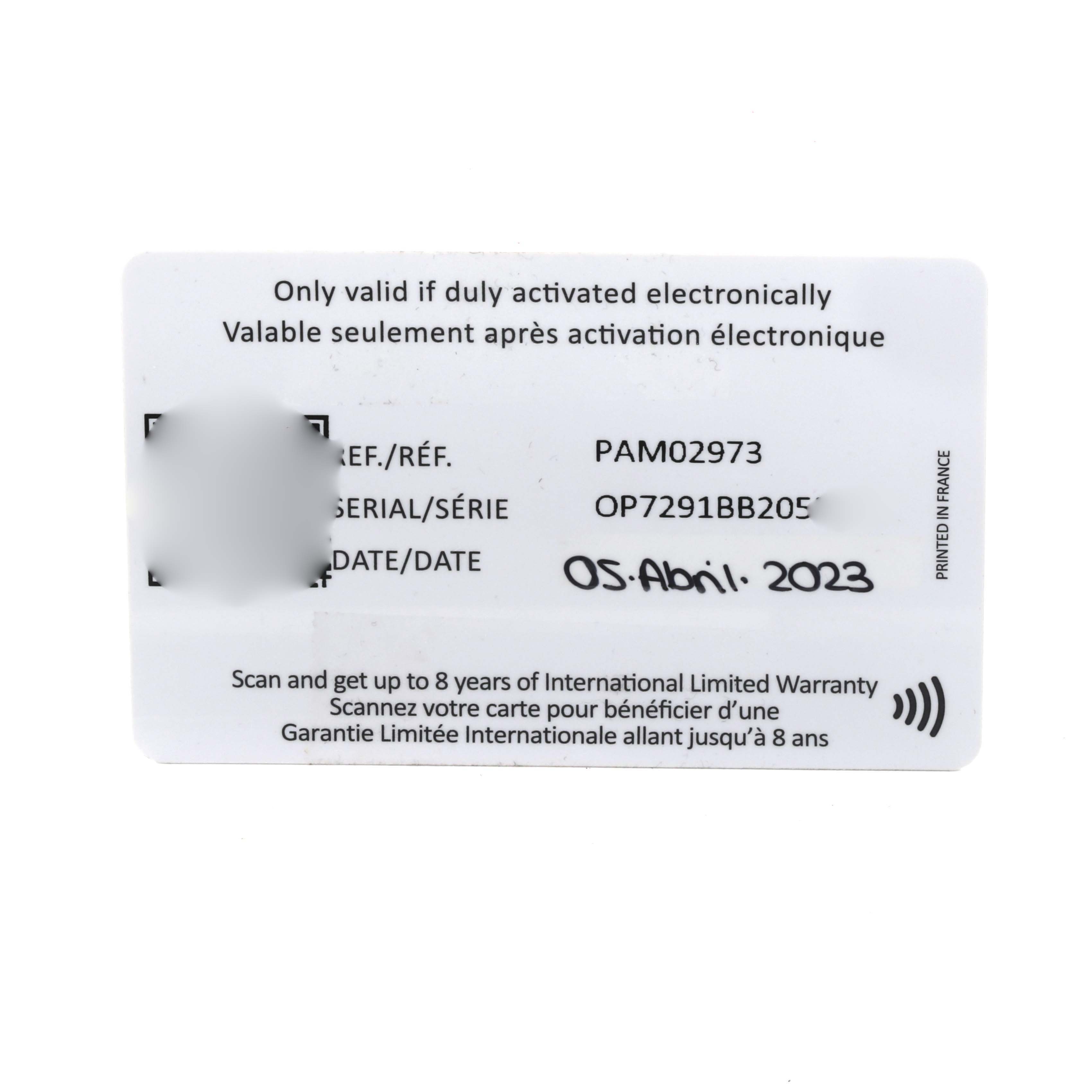 This image shows a warranty card for a Panerai Luminor PAM02973 Men's Stainless Steel Black Dial PAM02973 Men's Stainless Steel Black Dial watch, featuring model and serial numbers.