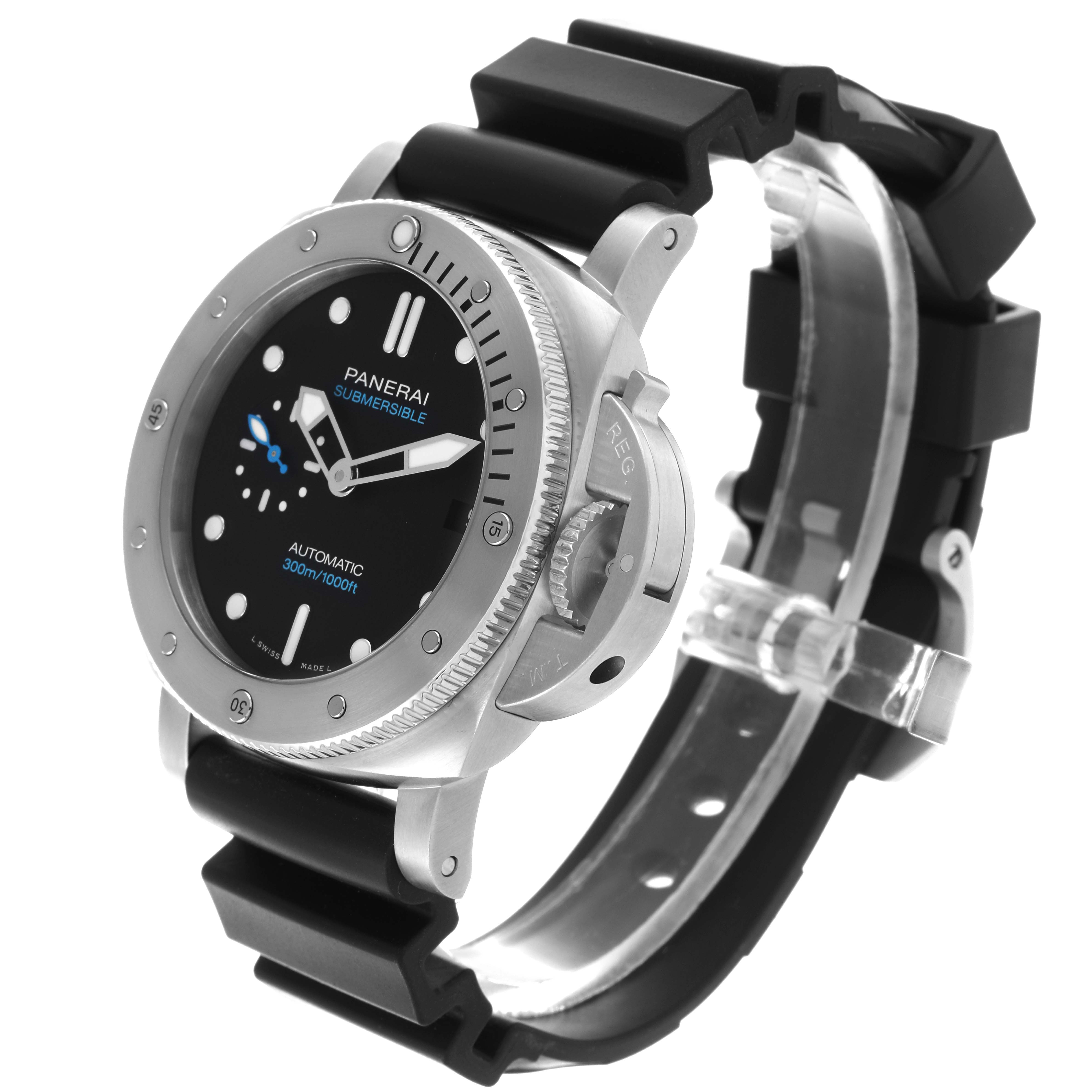 The Panerai Luminor PAM02973 Men's Stainless Steel Black Dial PAM02973 Men's Stainless Steel Black Dial watch is shown at a slight side angle, displaying the face, bezel, crown guard, and rubber strap.