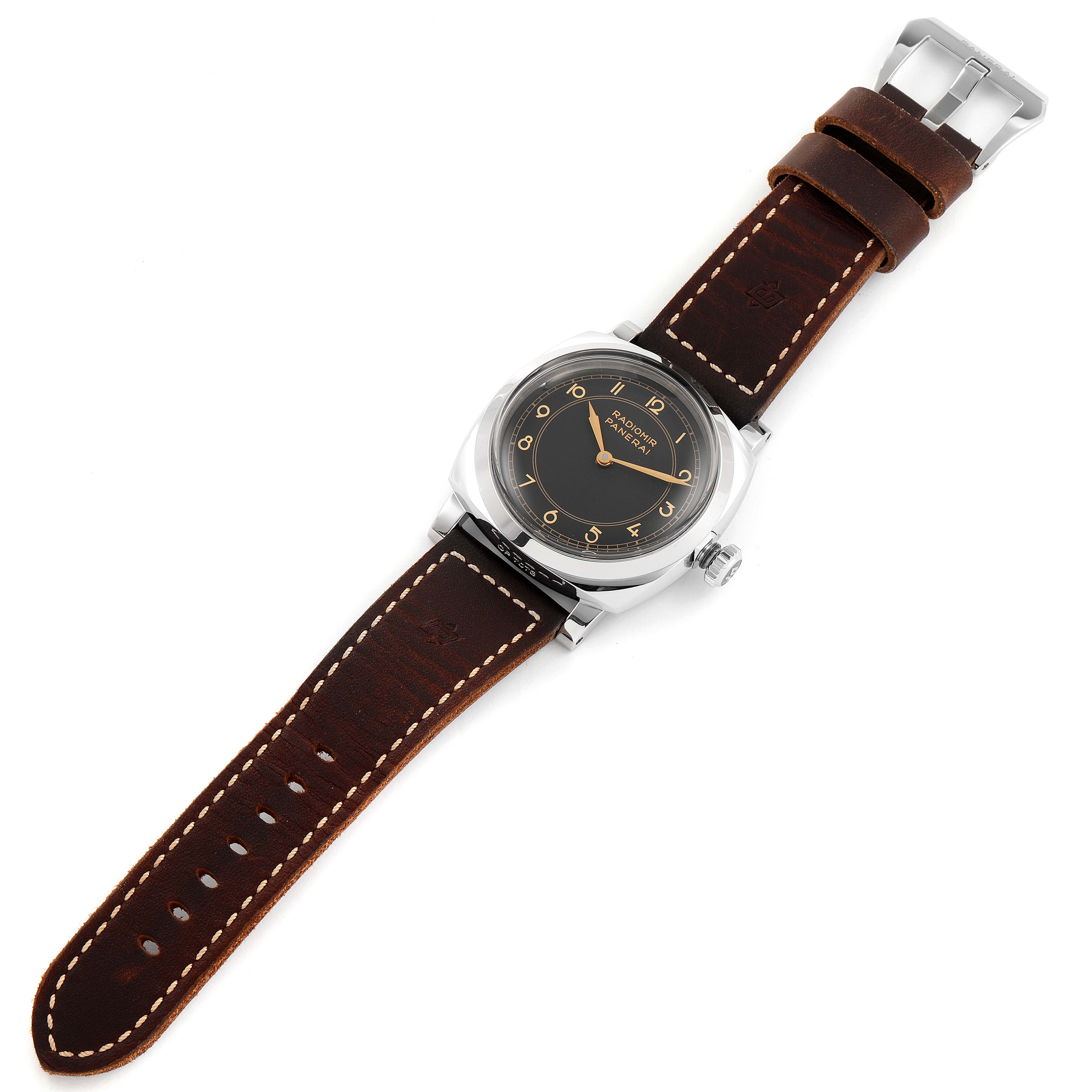 The Panerai Radiomir PAM00790 Men's Stainless Steel Black Dial PAM00790 Men's Stainless Steel Black Dial watch is shown laid flat, highlighting the dial, case, crown, and brown leather strap with stitching.