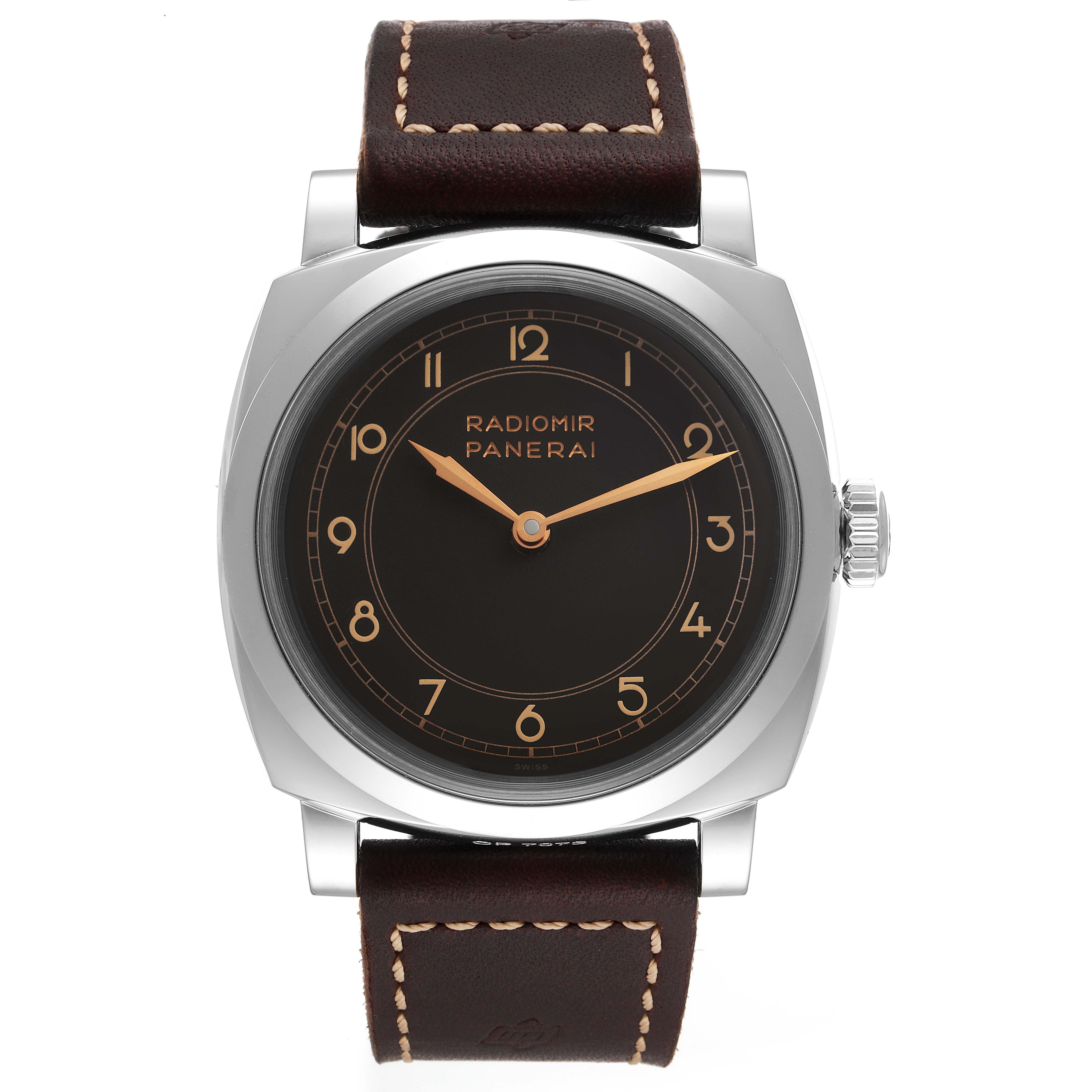 This image shows a front view of the Panerai Radiomir PAM00790 Men's Stainless Steel Black Dial PAM00790 Men's Stainless Steel Black Dial watch, highlighting its dial and leather strap.