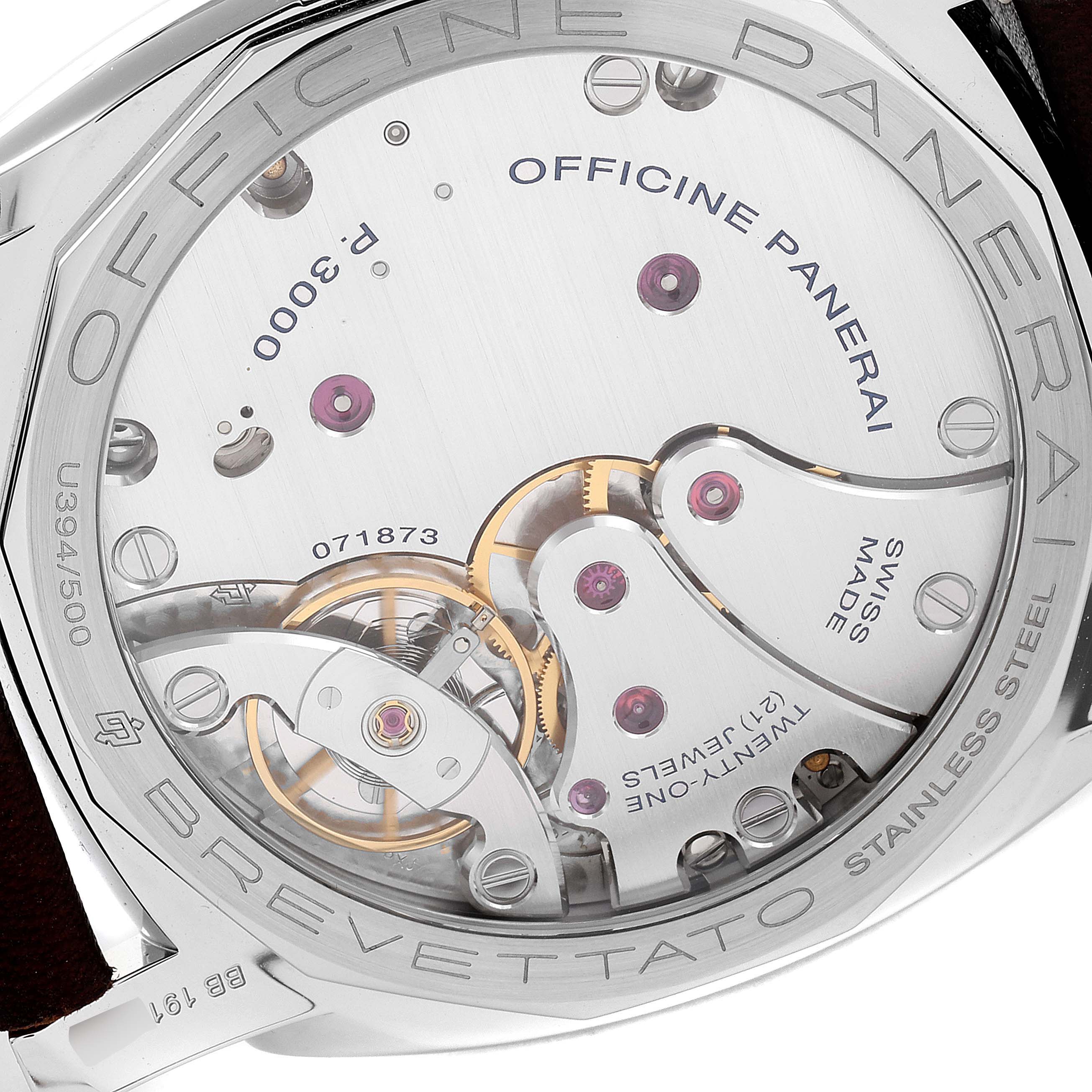 The image shows the back view of the Panerai Radiomir PAM00790 Men's Stainless Steel Black Dial PAM00790 Men's Stainless Steel Black Dial watch, highlighting its movement and internal components.