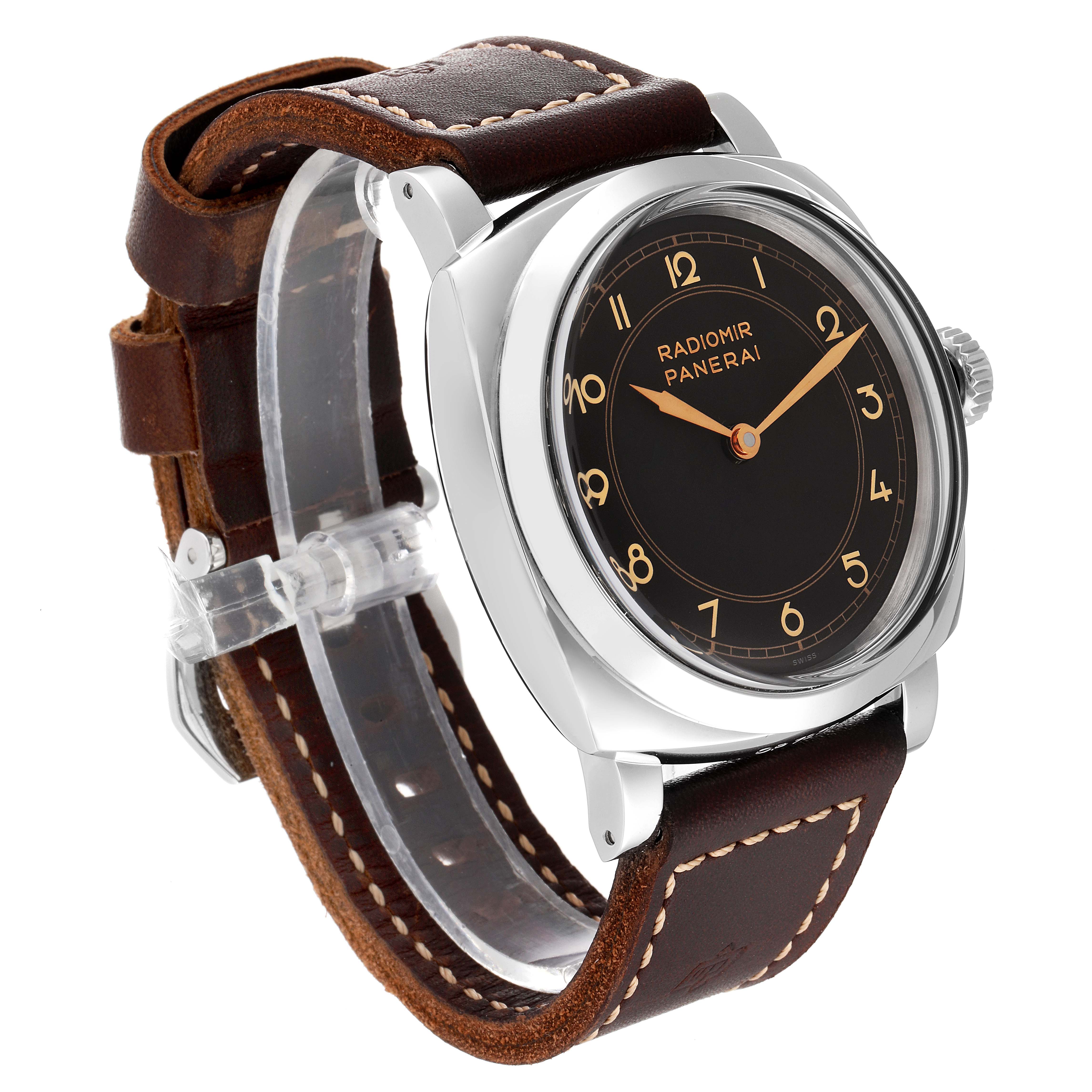 The image shows a Panerai Radiomir PAM00790 Men's Stainless Steel Black Dial PAM00790 Men's Stainless Steel Black Dial watch at a three-quarter angle, highlighting the face, case, and leather strap.