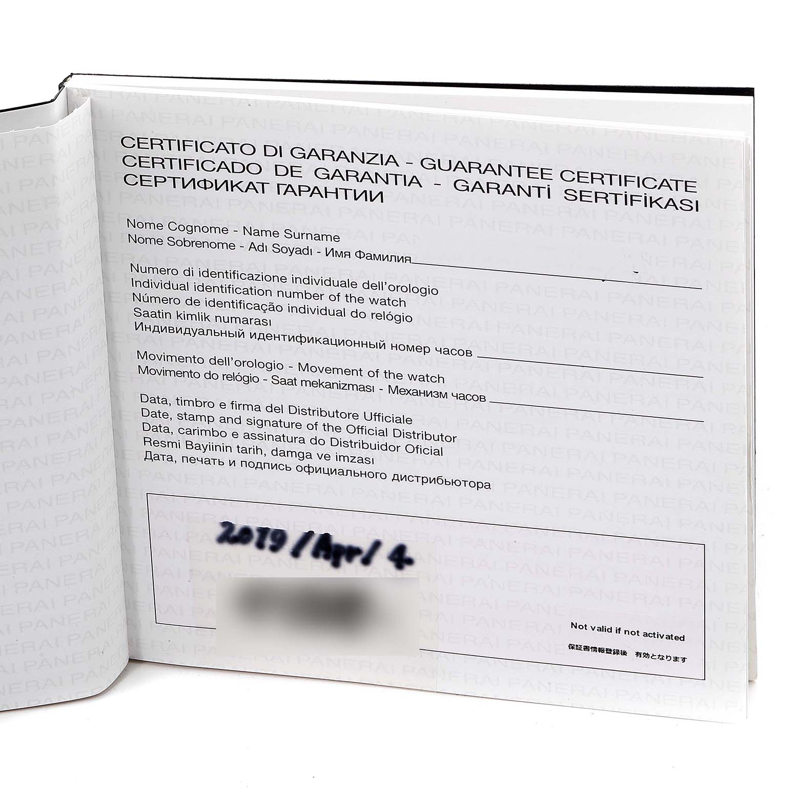 This image shows the guarantee certificate for a Panerai Radiomir PAM00790 Men's Stainless Steel Black Dial PAM00790 Men's Stainless Steel Black Dial watch, angled slightly open to display the contents.