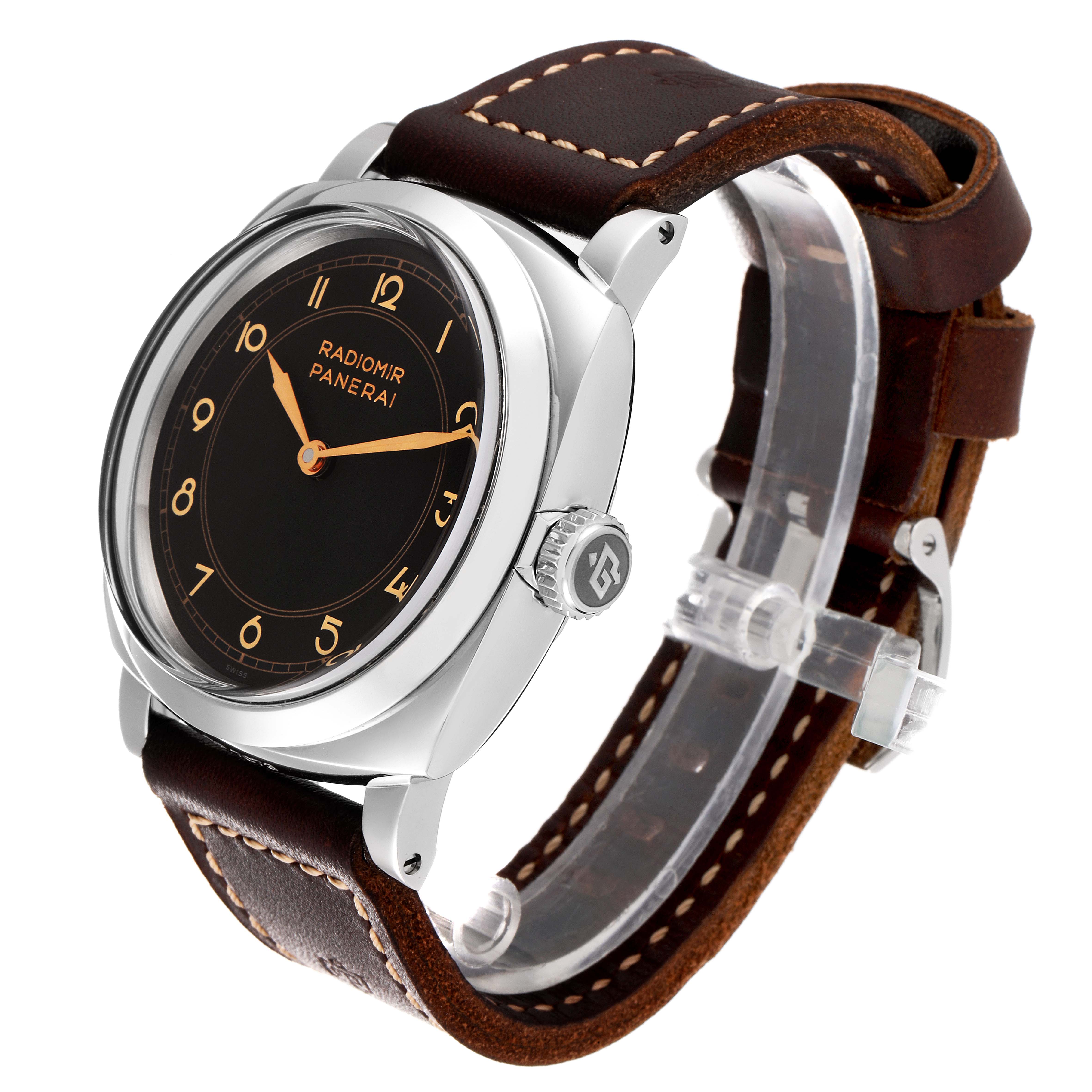 The Panerai Radiomir PAM00790 Men's Stainless Steel Black Dial PAM00790 Men's Stainless Steel Black Dial watch is shown at a three-quarter angle, displaying the dial, crown, and brown leather strap.