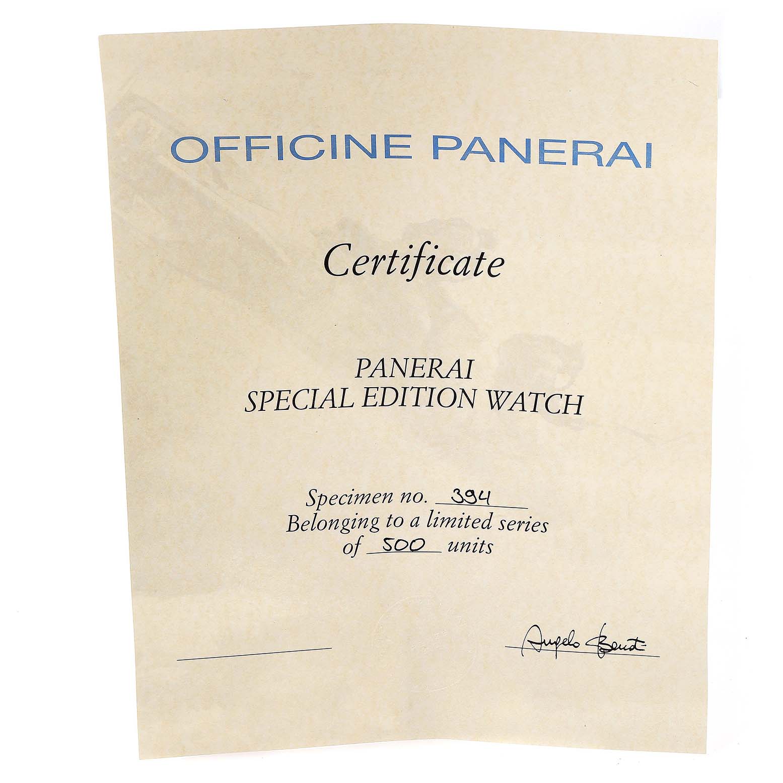 This image shows a certificate for a Panerai Radiomir PAM00790 Men's Stainless Steel Black Dial PAM00790 Men's Stainless Steel Black Dial Special Edition watch, numbered 394 out of 500 units.