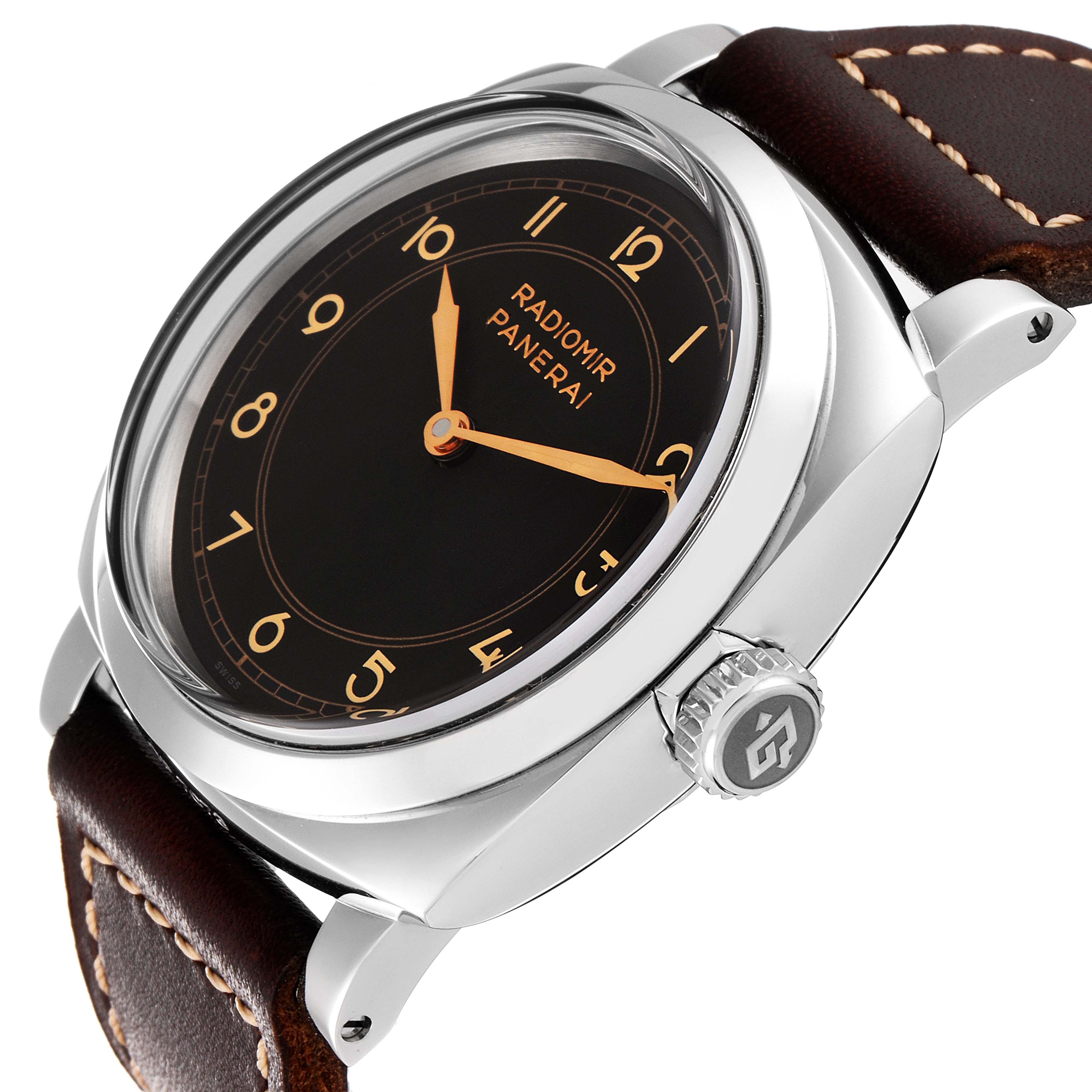 The image shows a Panerai Radiomir PAM00790 Men's Stainless Steel Black Dial PAM00790 Men's Stainless Steel Black Dial watch at a slight angle, highlighting the face, crown, and leather strap.
