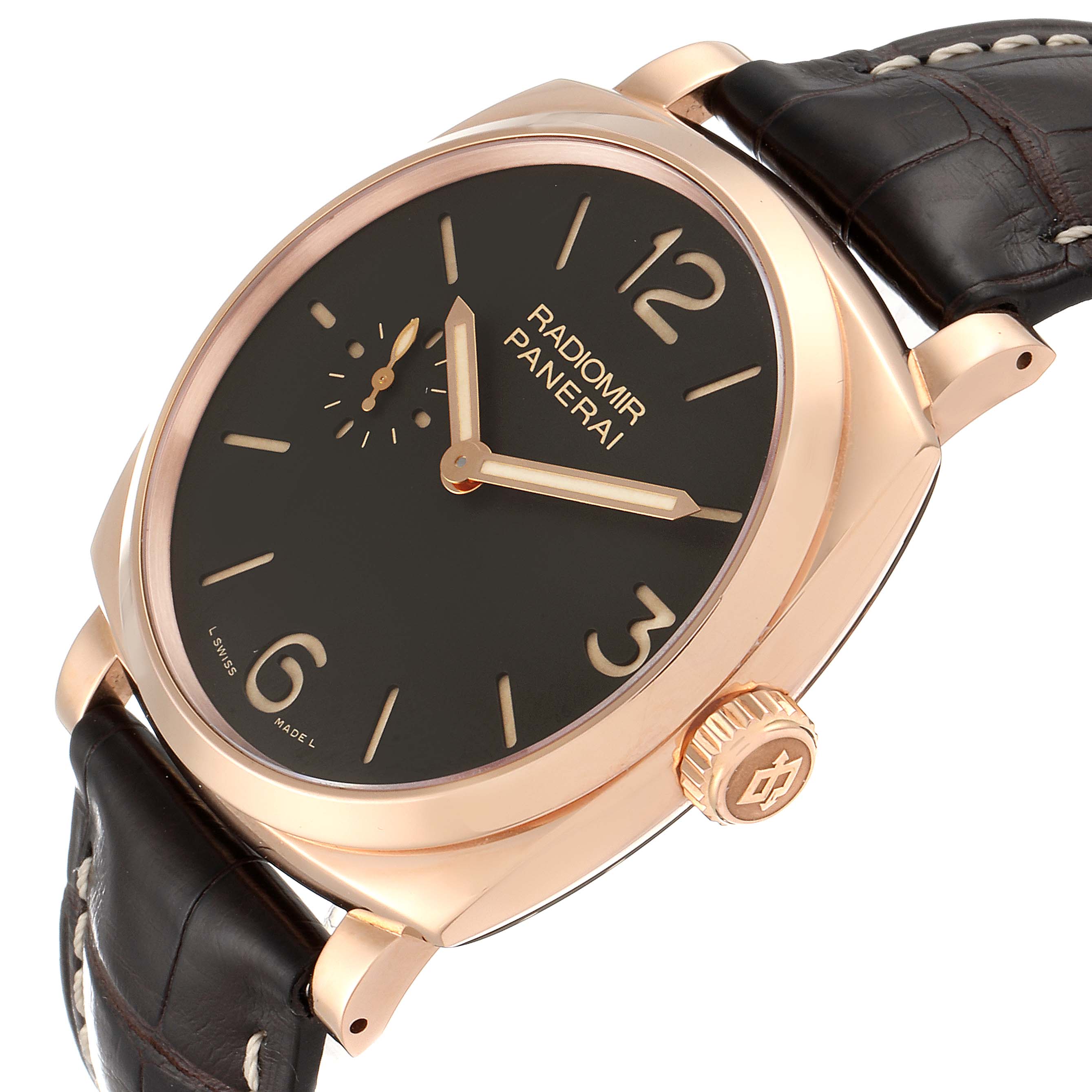 The image shows a side angle of the Panerai Radiomir PAM00513 Men's Rose Gold Brown Dial PAM00513 Men's Rose Gold Brown Dial watch, highlighting the dial, case, crown, and leather strap.