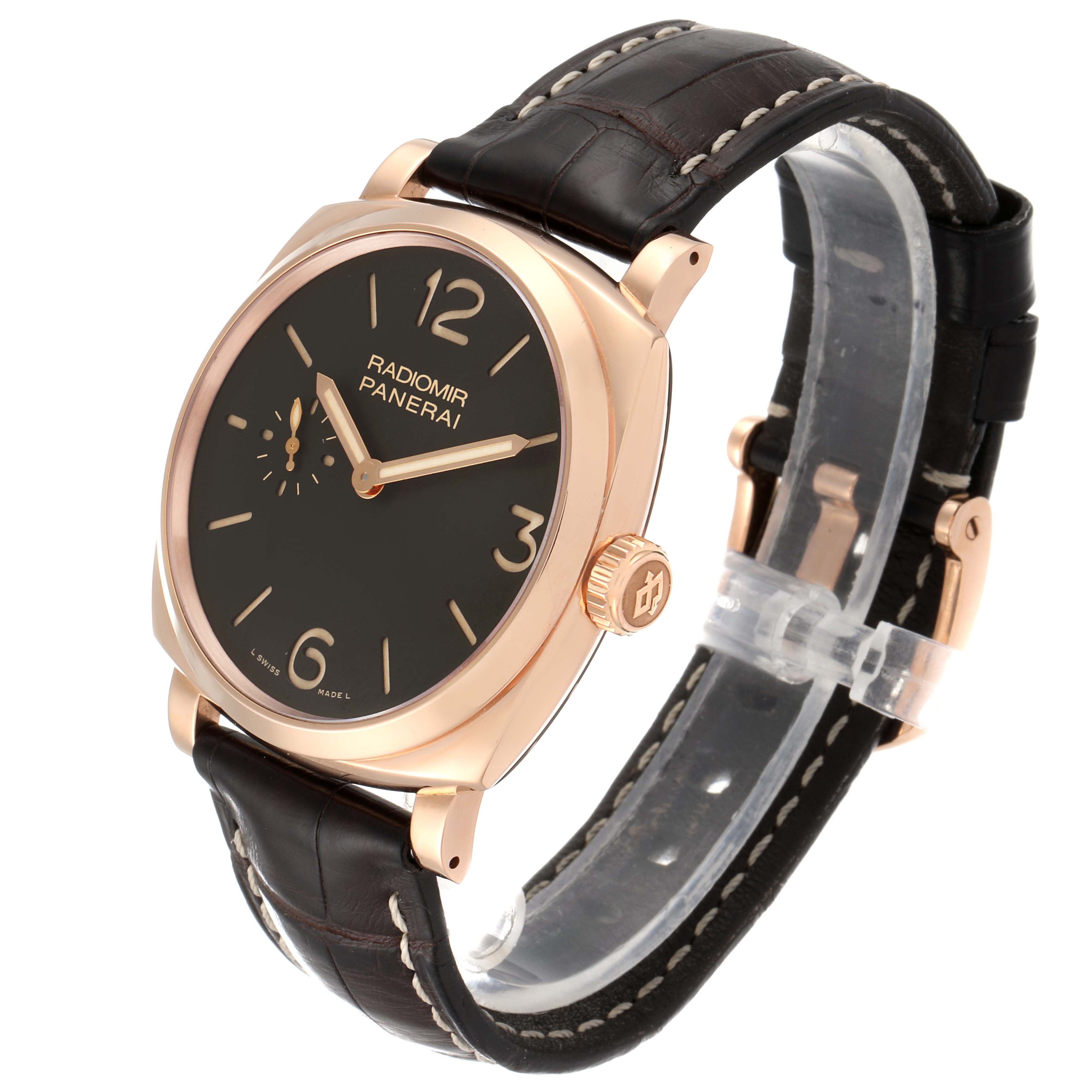 The image shows a Panerai Radiomir PAM00513 Men's Rose Gold Brown Dial PAM00513 Men's Rose Gold Brown Dial watch at a three-quarter angle, highlighting its face, crown, and leather strap.
