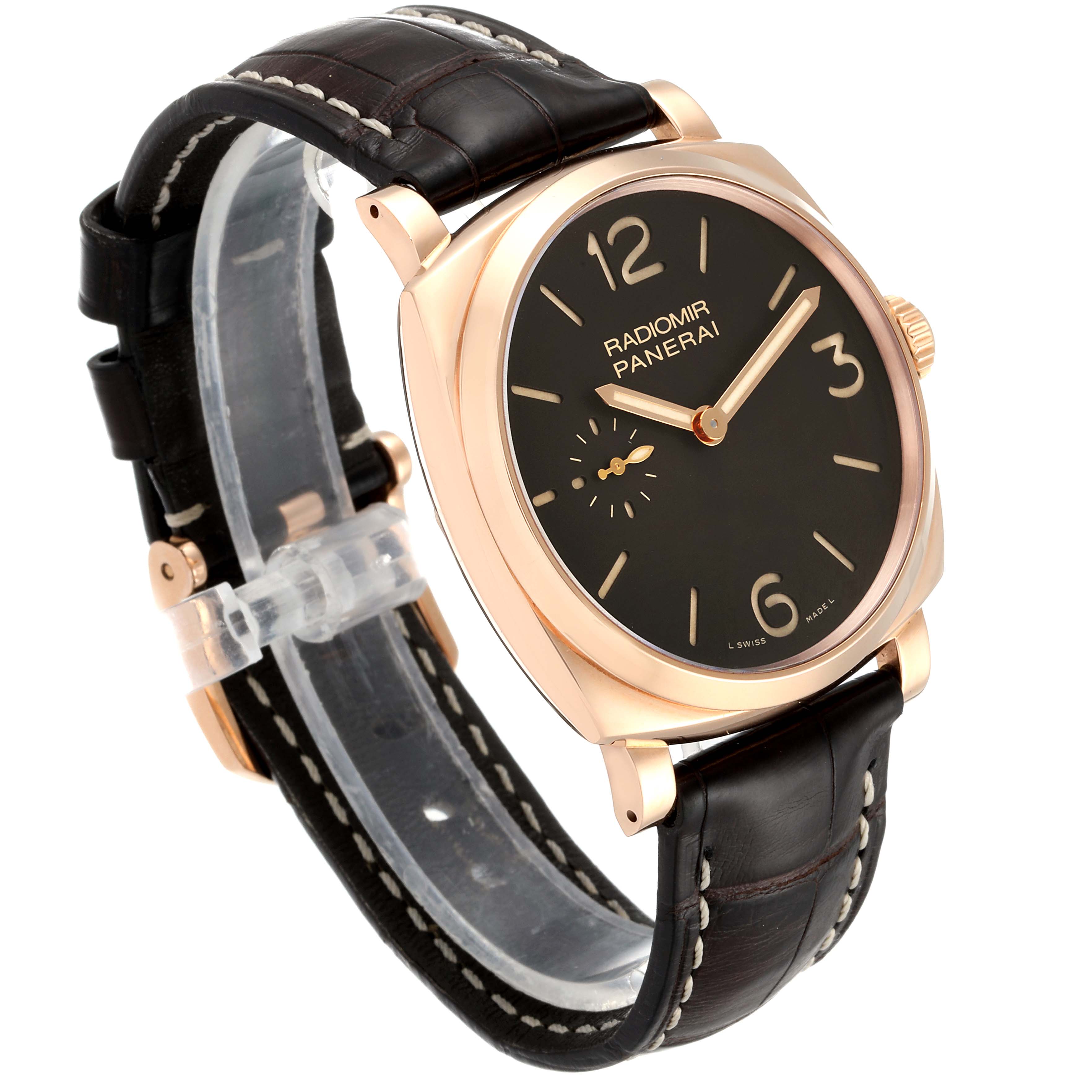 The image shows a Panerai Radiomir PAM00513 Men's Rose Gold Brown Dial PAM00513 Men's Rose Gold Brown Dial watch at a three-quarter angle, highlighting its face, dial, case, and leather strap.