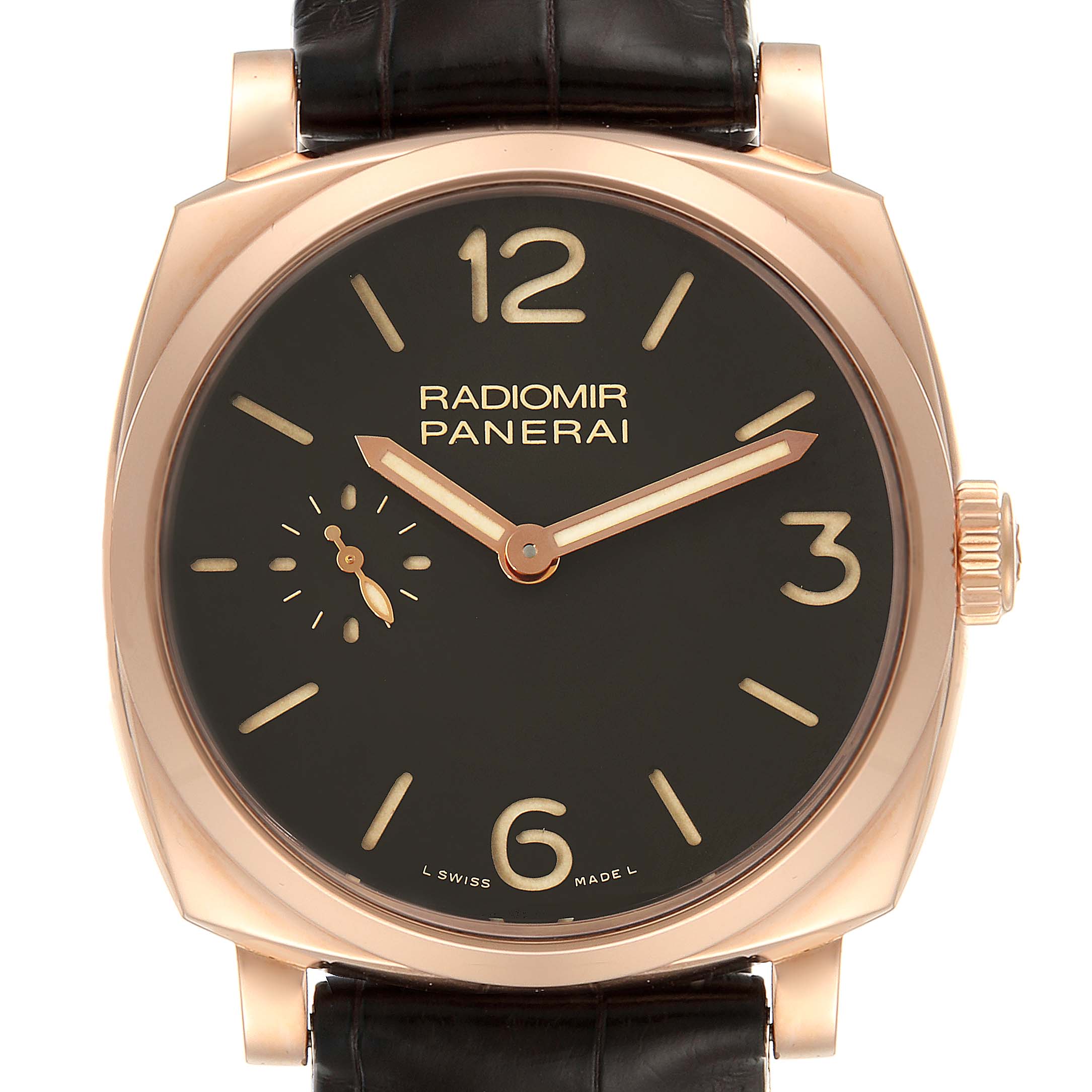 The image shows a front-facing view of the Panerai Radiomir PAM00513 Men's Rose Gold Brown Dial PAM00513 Men's Rose Gold Brown Dial watch, displaying its black dial, gold numerals, and leather strap.