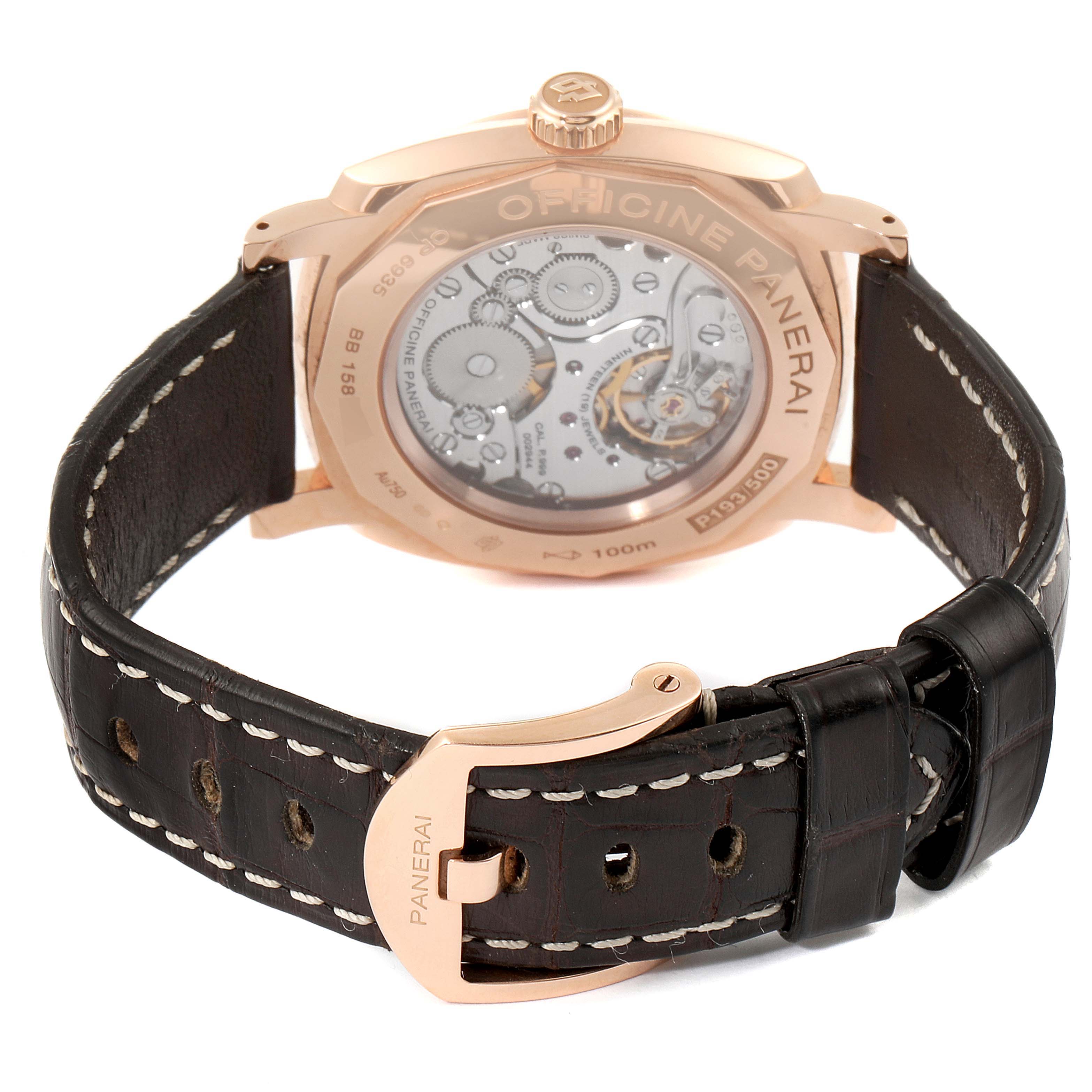 The image shows the back case and strap of a Panerai Radiomir PAM00513 Men's Rose Gold Brown Dial PAM00513 Men's Rose Gold Brown Dial watch.