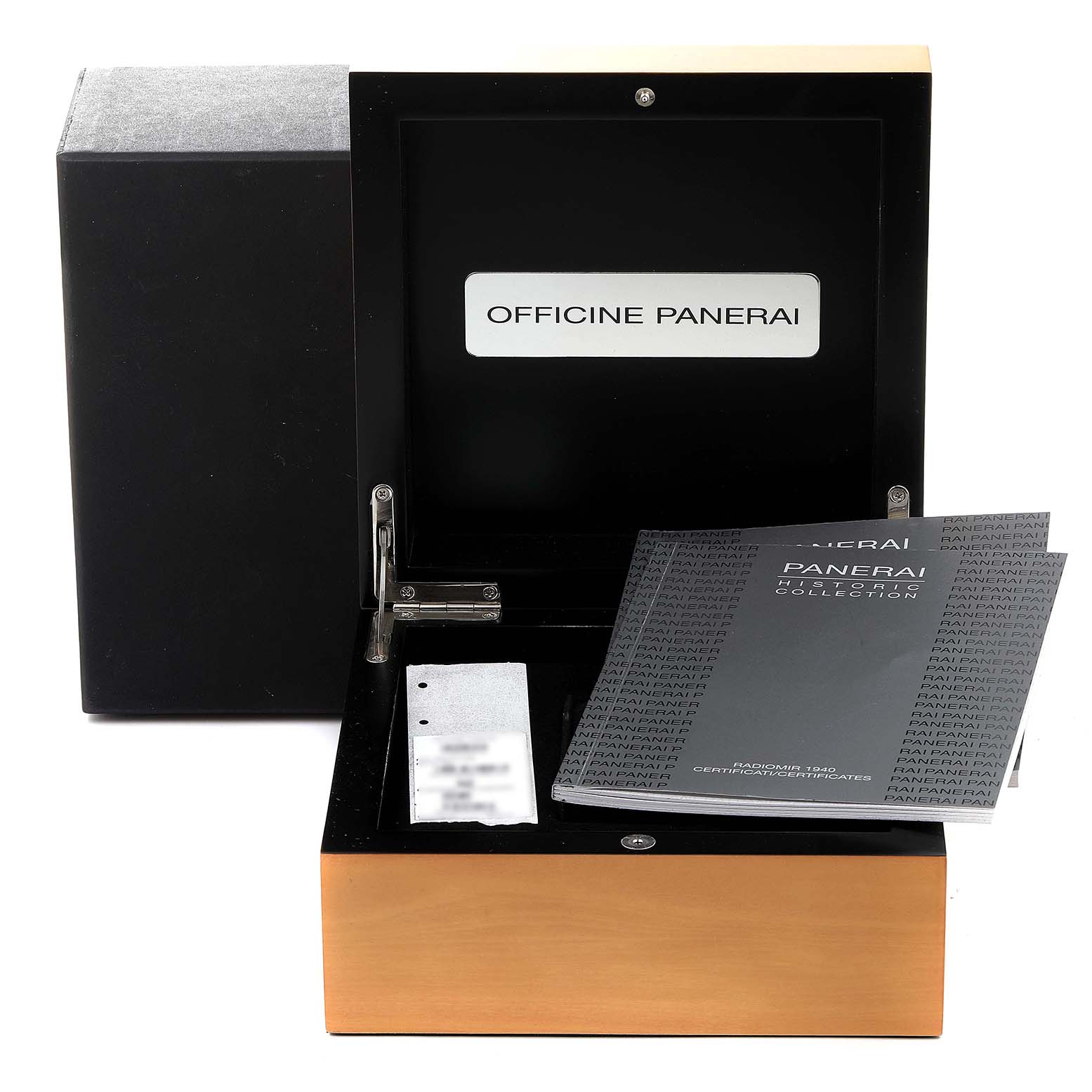 The image shows the box, booklets, and packaging for a Panerai Radiomir PAM00513 Men's Rose Gold Brown Dial PAM00513 Men's Rose Gold Brown Dial watch from an overhead angle.