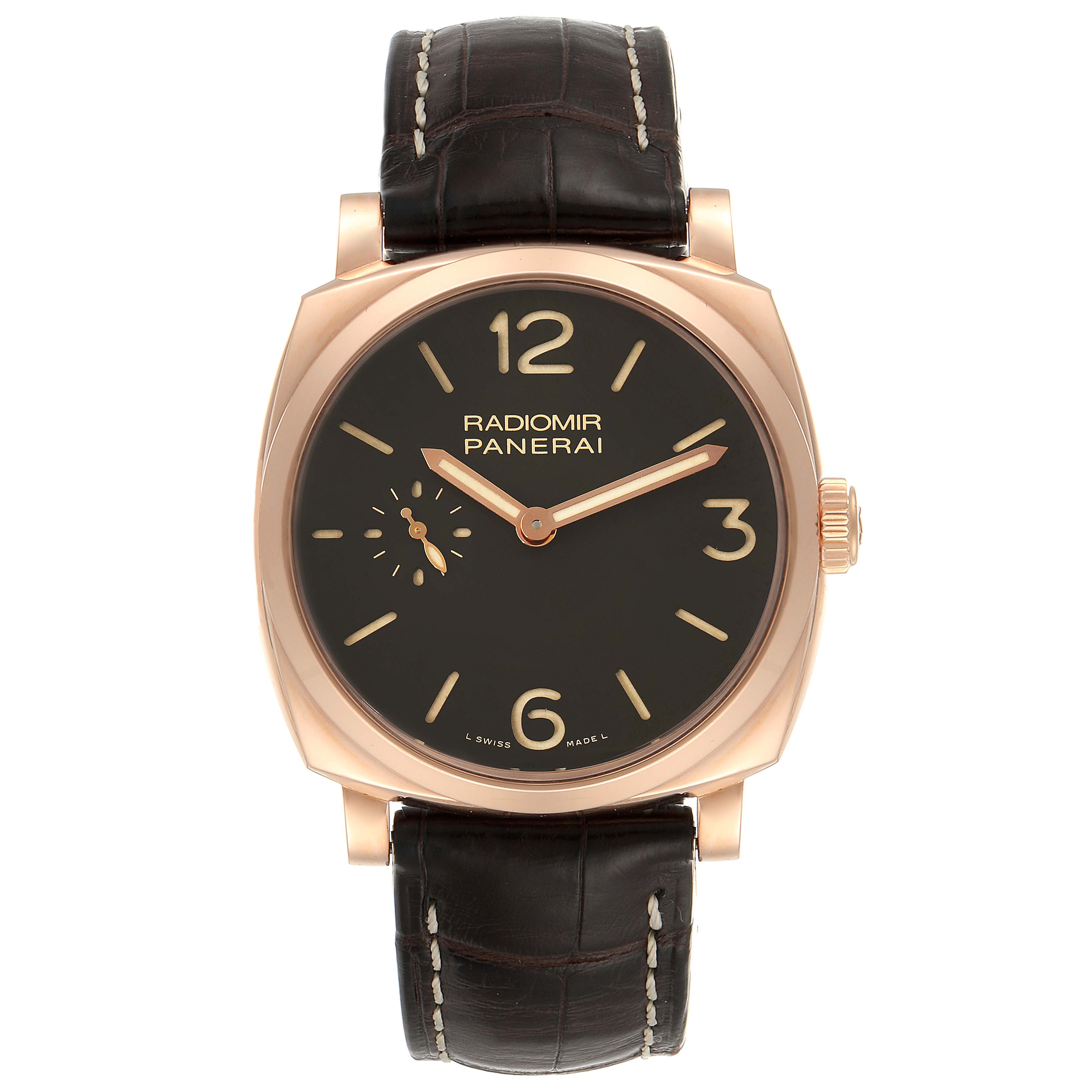 This image displays a front view of the Panerai Radiomir PAM00513 Men's Rose Gold Brown Dial PAM00513 Men's Rose Gold Brown Dial watch, showcasing its dial, hands, and strap.