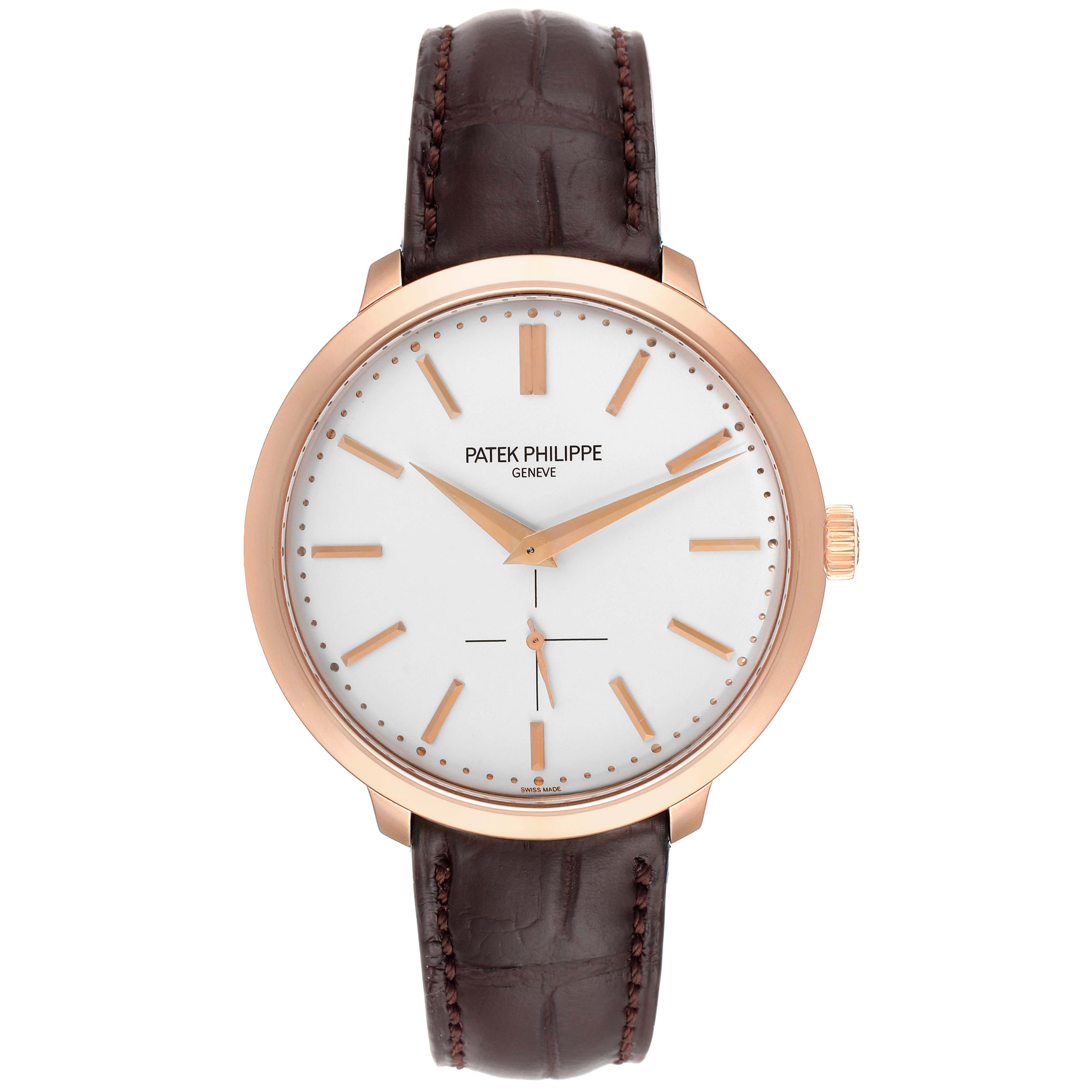 The image shows a front view of a Patek Philippe Calatrava 5123R-001 Men's Rose Gold Silver Dial 5123R-001 Men's Rose Gold Silver Dial watch with a brown leather strap.
